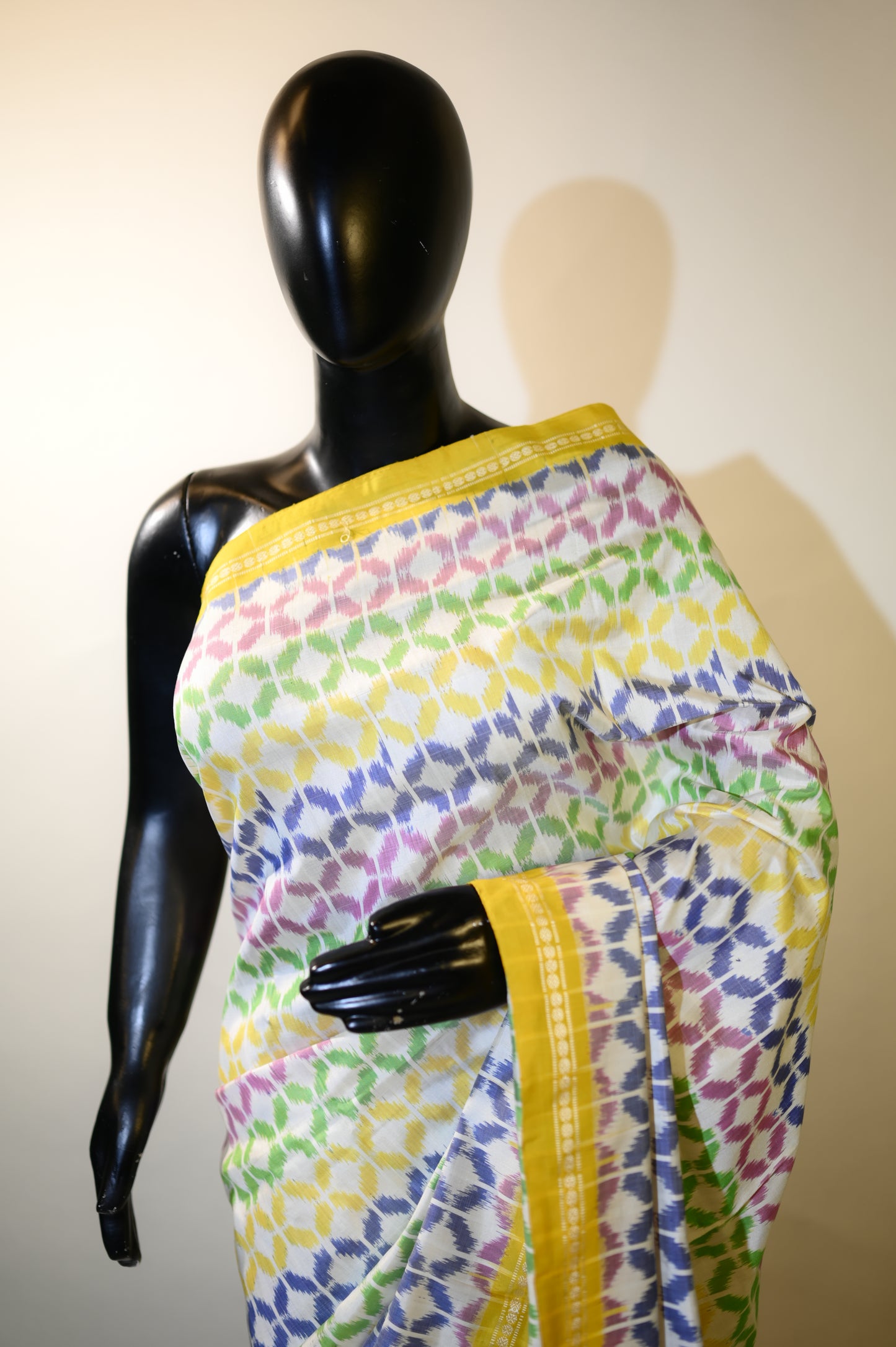 Bibhu Mohapatra Yellow & White Mulberry Silk Pochampally Ikat Saree