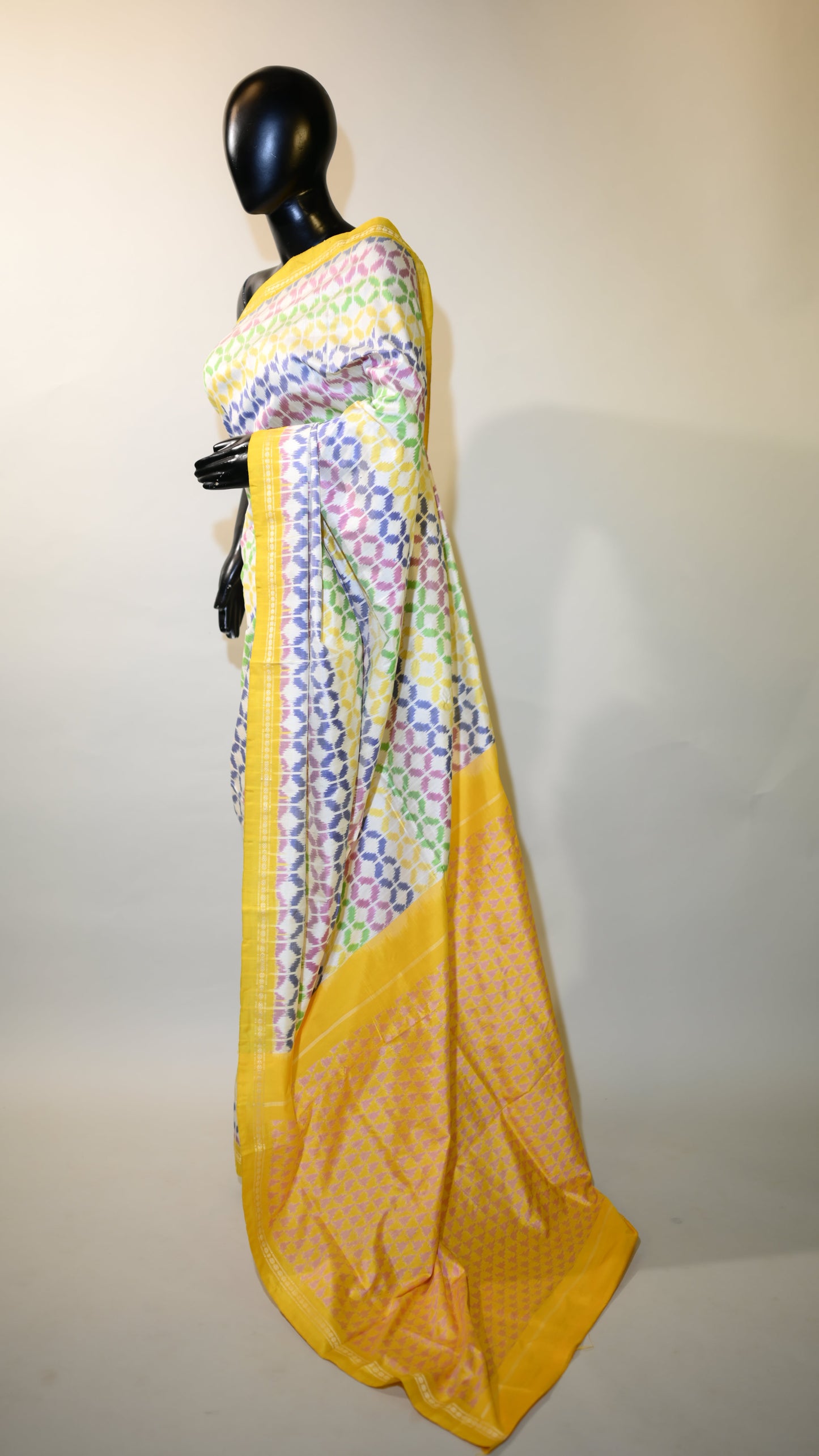 Bibhu Mohapatra Yellow & White Mulberry Silk Pochampally Ikat Saree