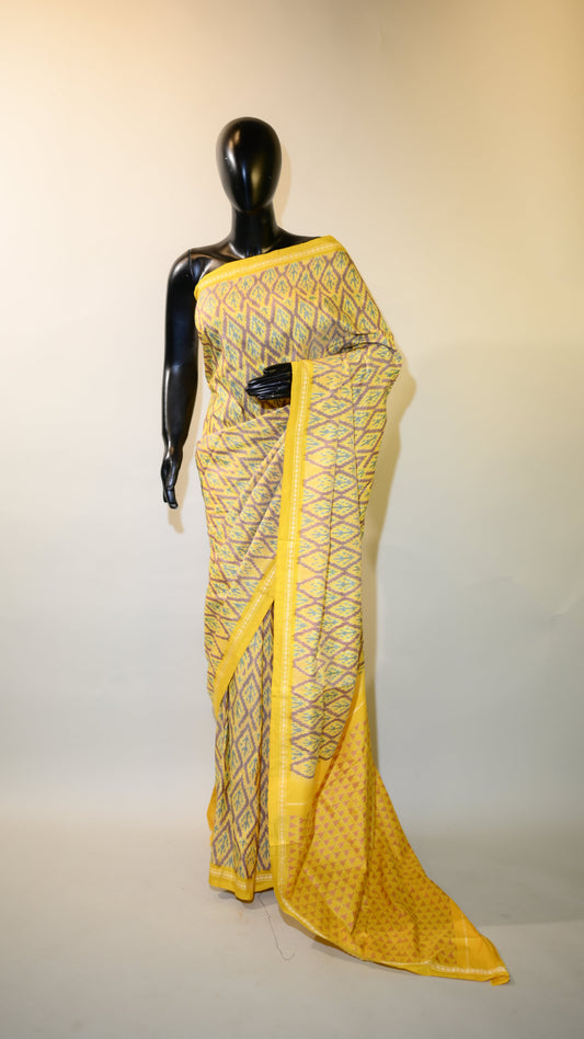 Bibhu Mohapatra Yellow & Brown Mulberry Silk Pochampally Ikat Saree