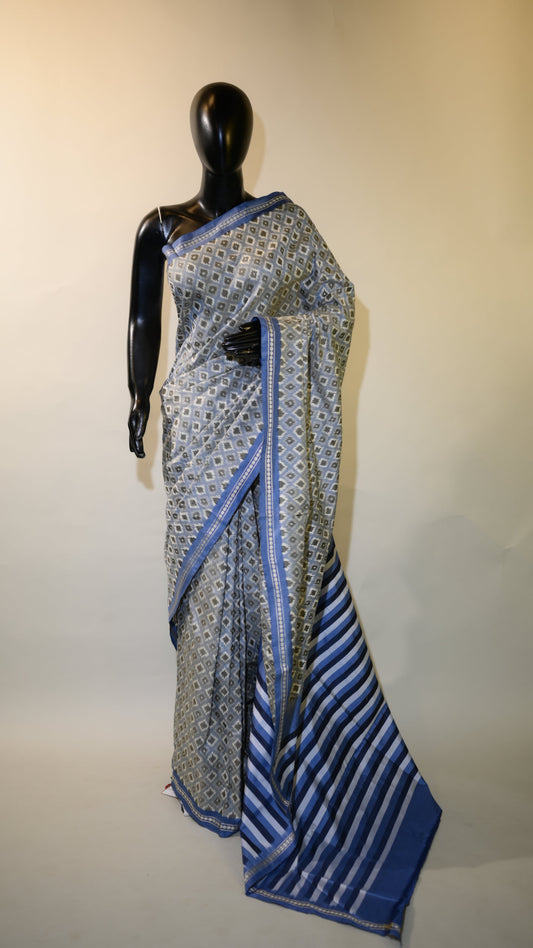 Bluish Grey & White Mulberry Silk Pochampally Ikat Saree