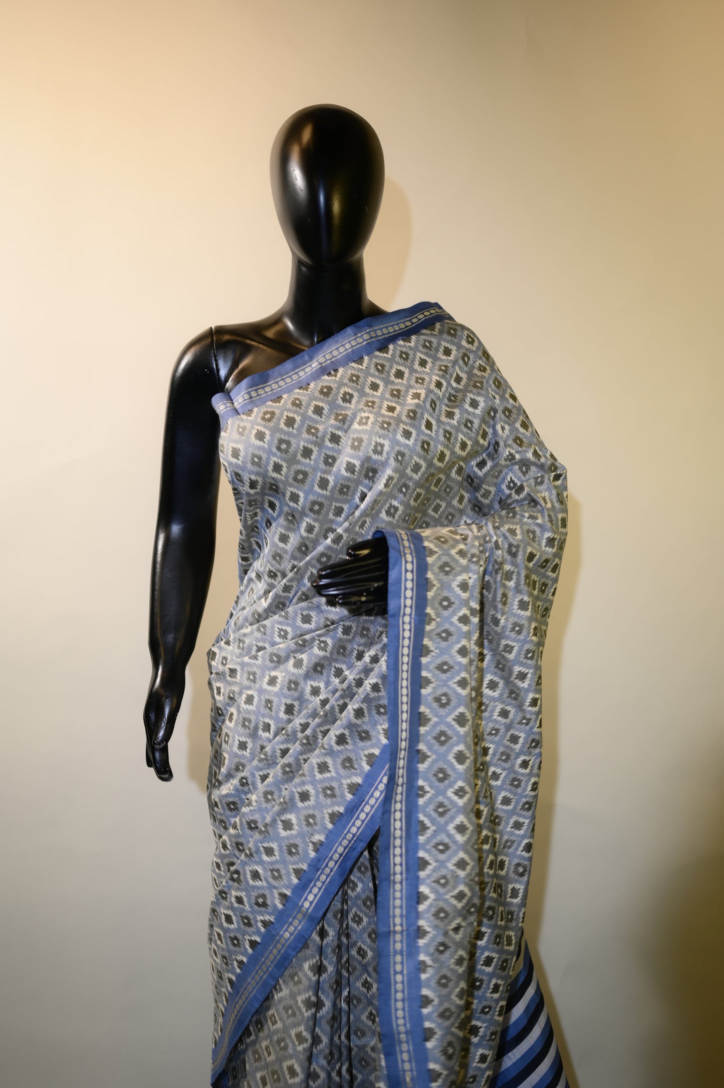 Bluish Grey & White Mulberry Silk Pochampally Ikat Saree