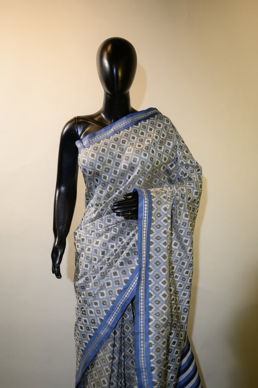 Bluish Grey & White Mulberry Silk Pochampally Ikat Saree