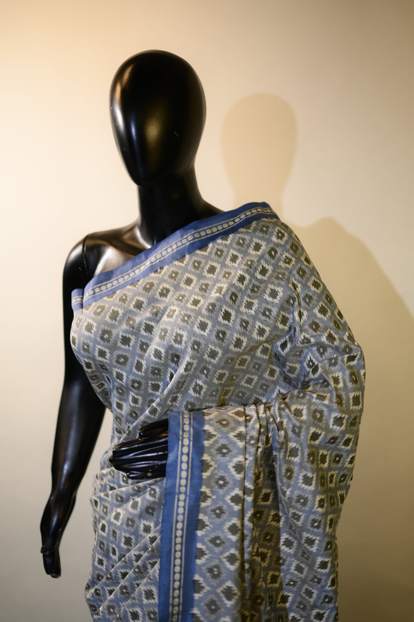 Bluish Grey & White Mulberry Silk Pochampally Ikat Saree