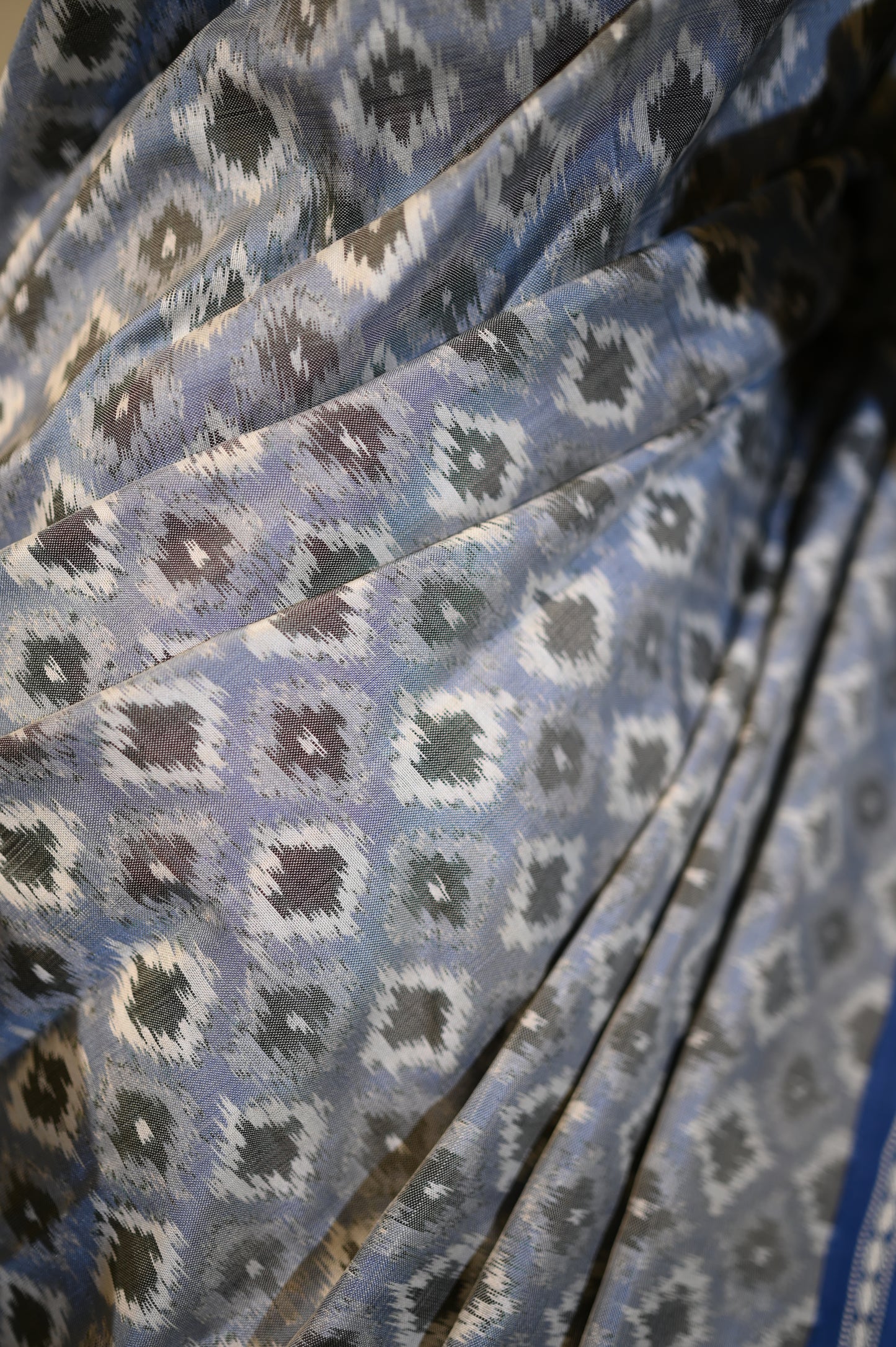 Bluish Grey & White Mulberry Silk Pochampally Ikat Saree