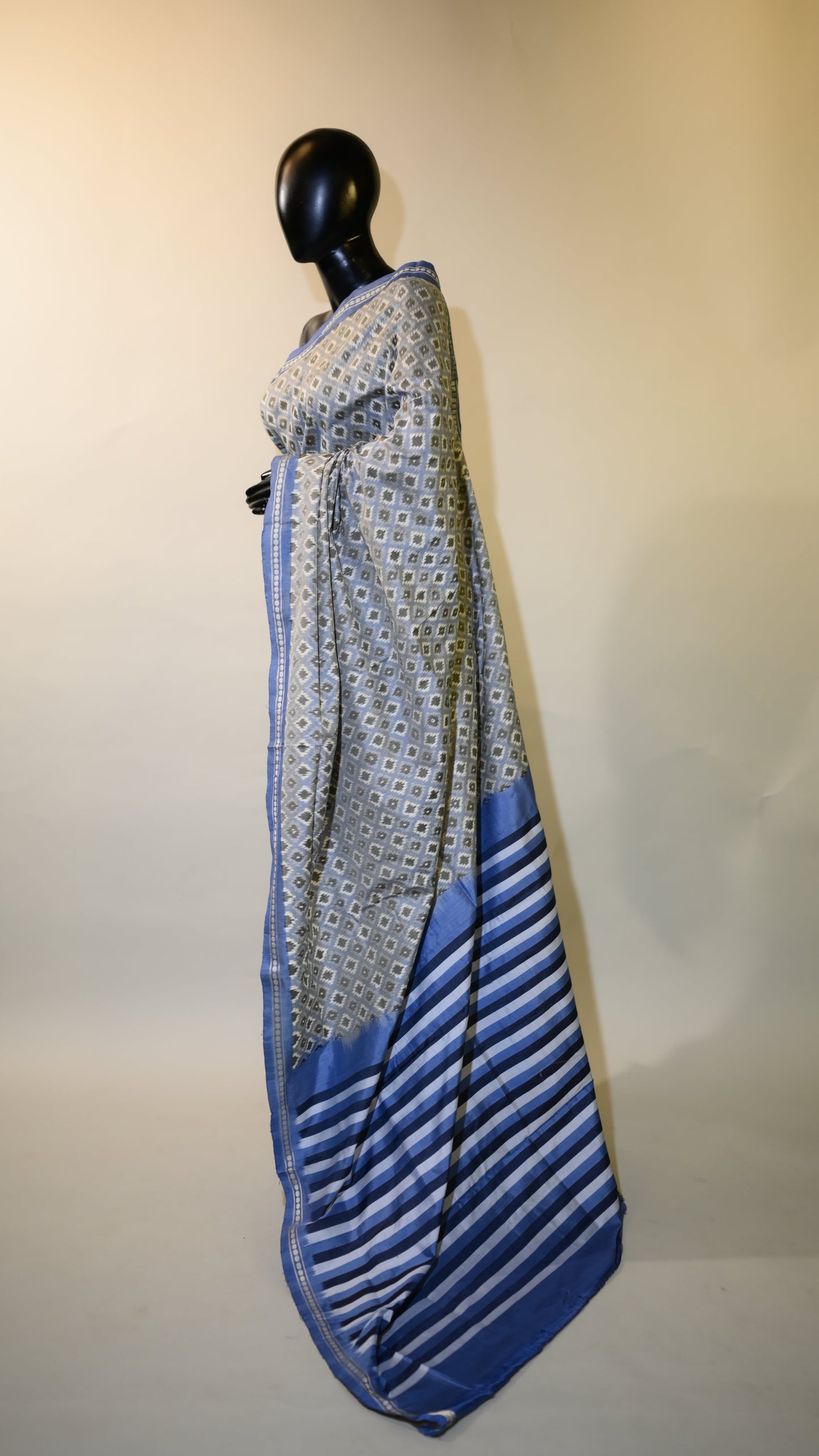 Bluish Grey & White Mulberry Silk Pochampally Ikat Saree