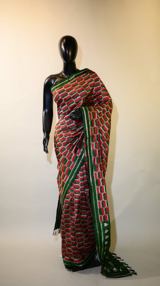Green & Red Mulberry Silk Pochampally Ikat Saree