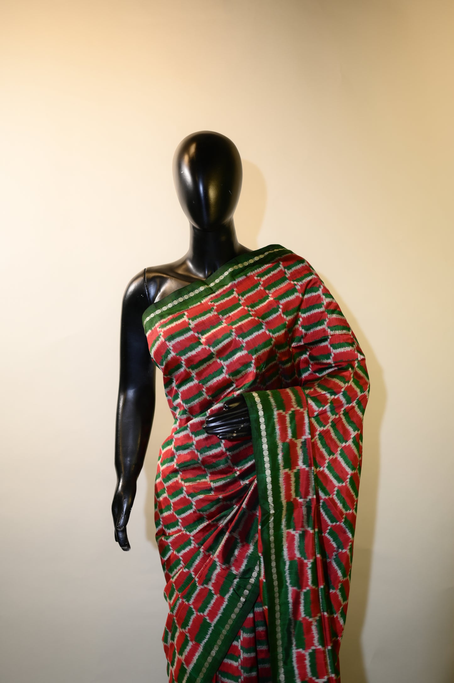 Green & Red Mulberry Silk Pochampally Ikat Saree