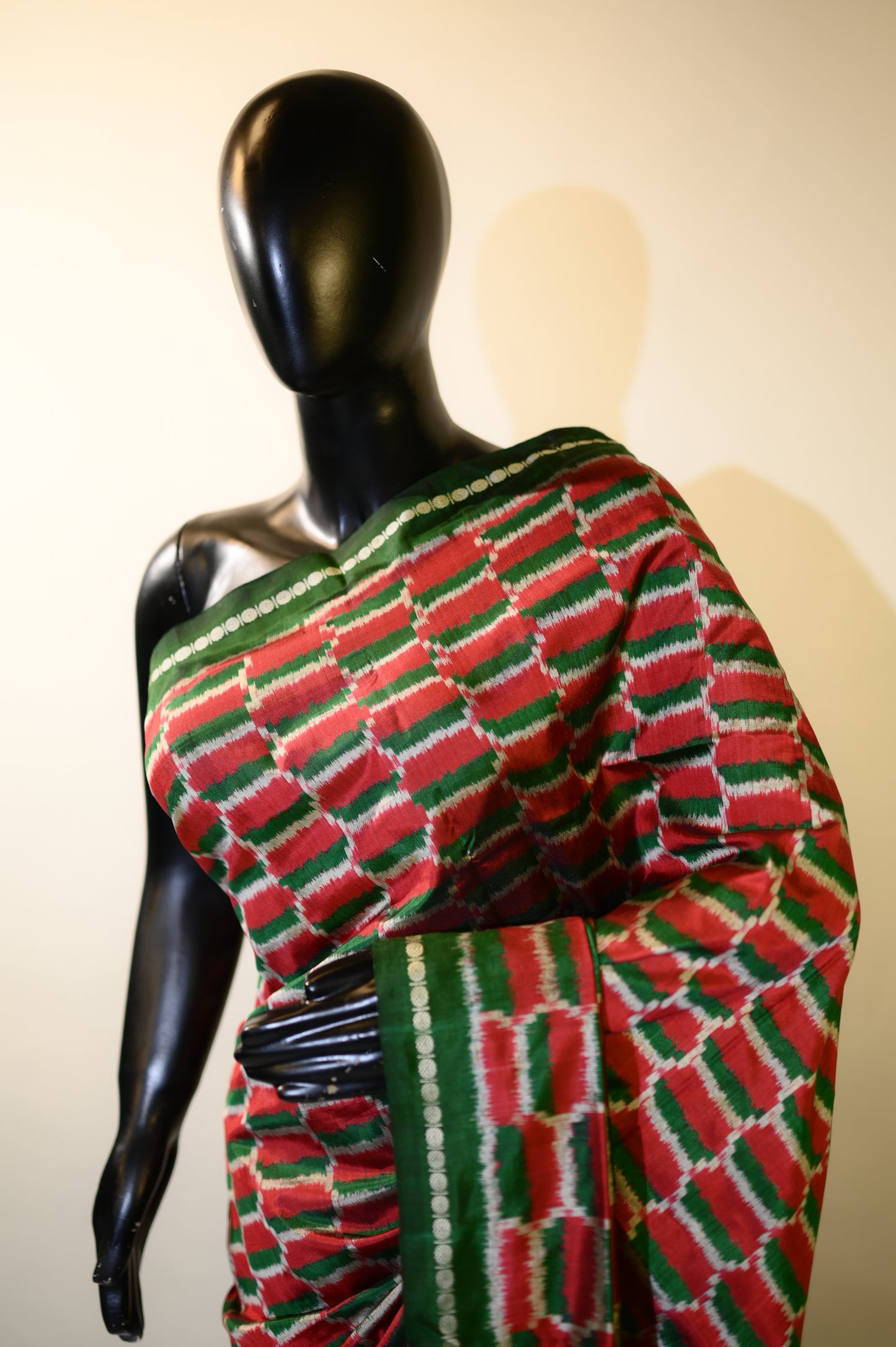 Green & Red Mulberry Silk Pochampally Ikat Saree