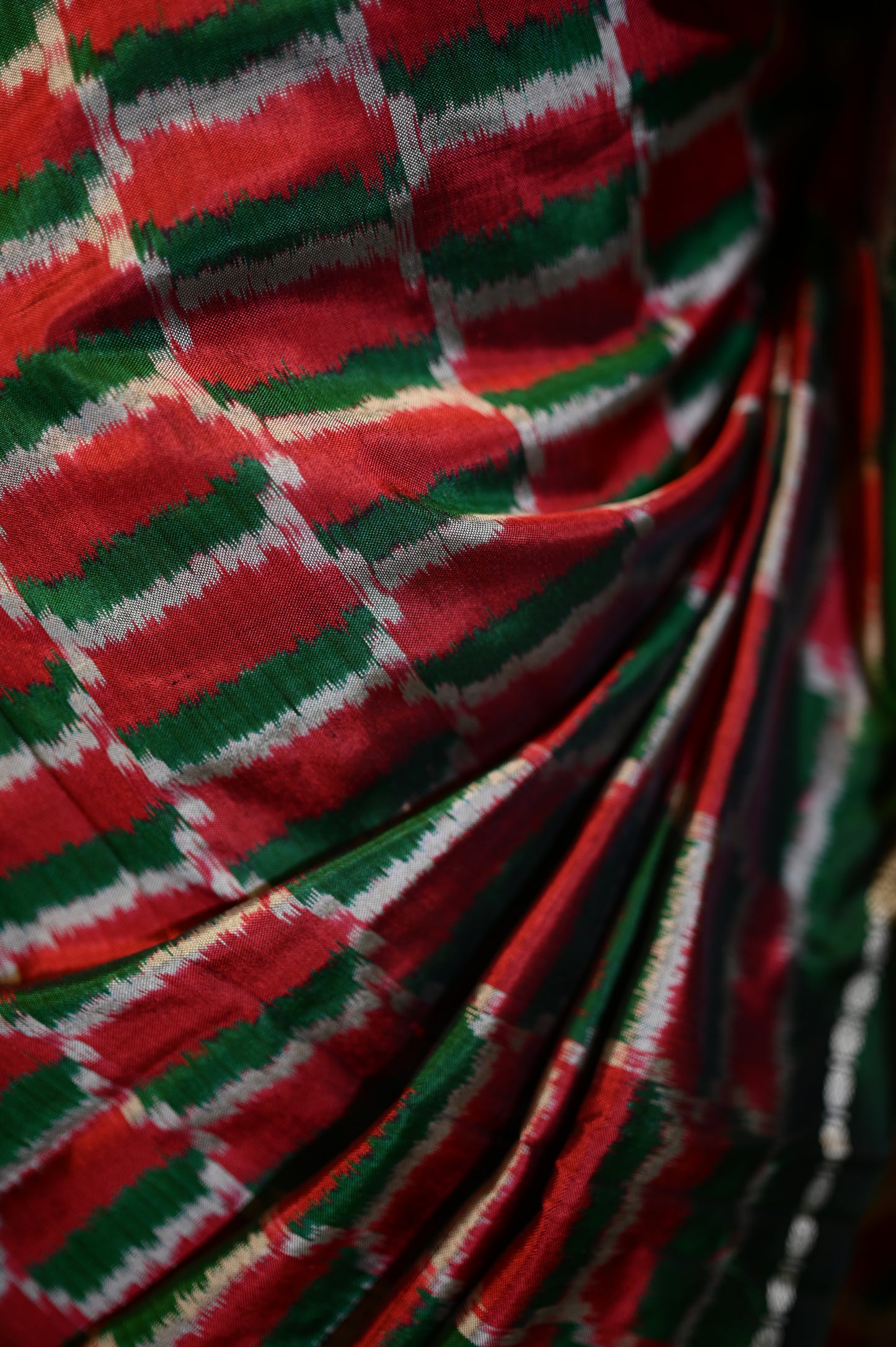 Green & Red Mulberry Silk Pochampally Ikat Saree