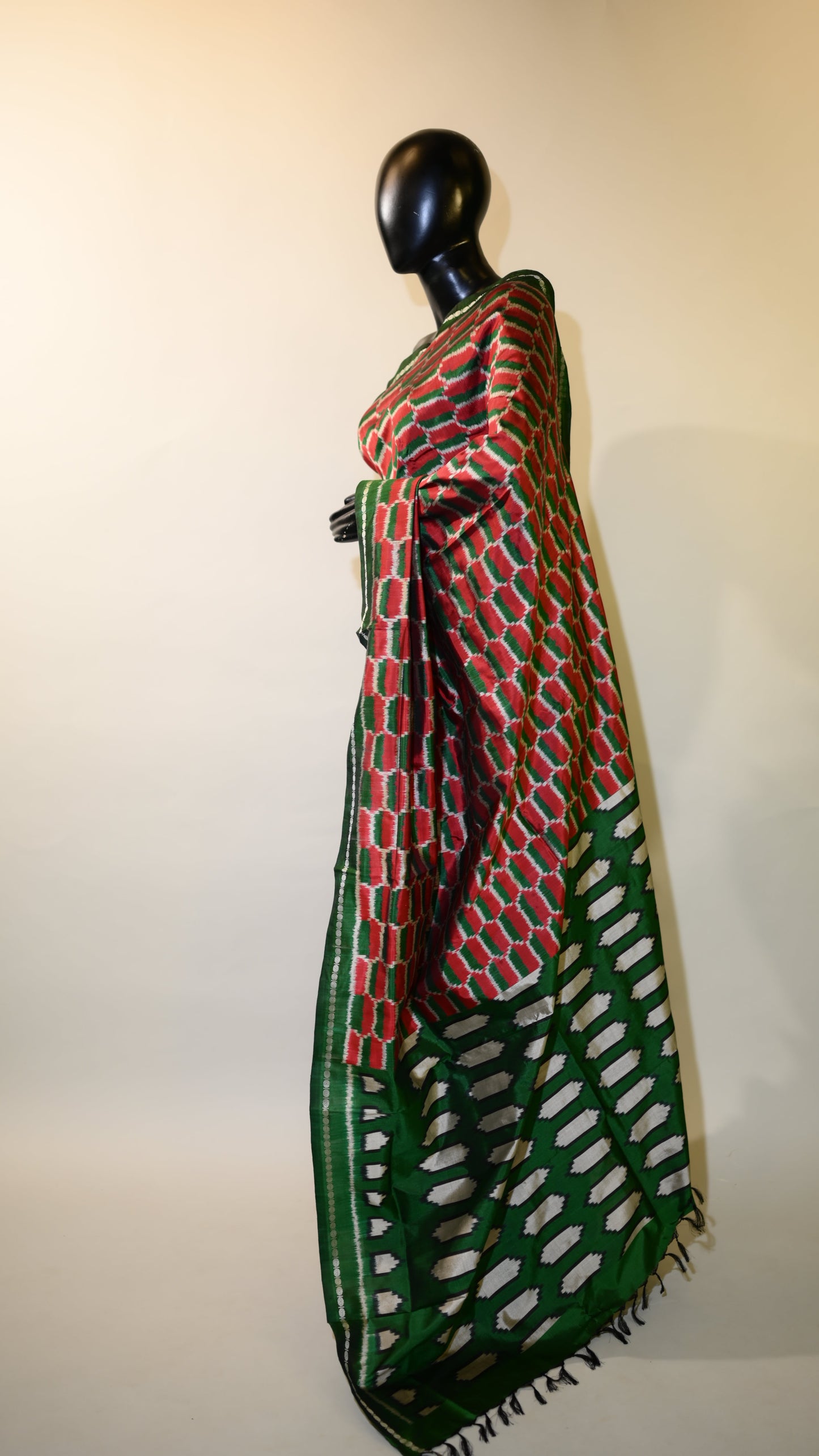 Green & Red Mulberry Silk Pochampally Ikat Saree