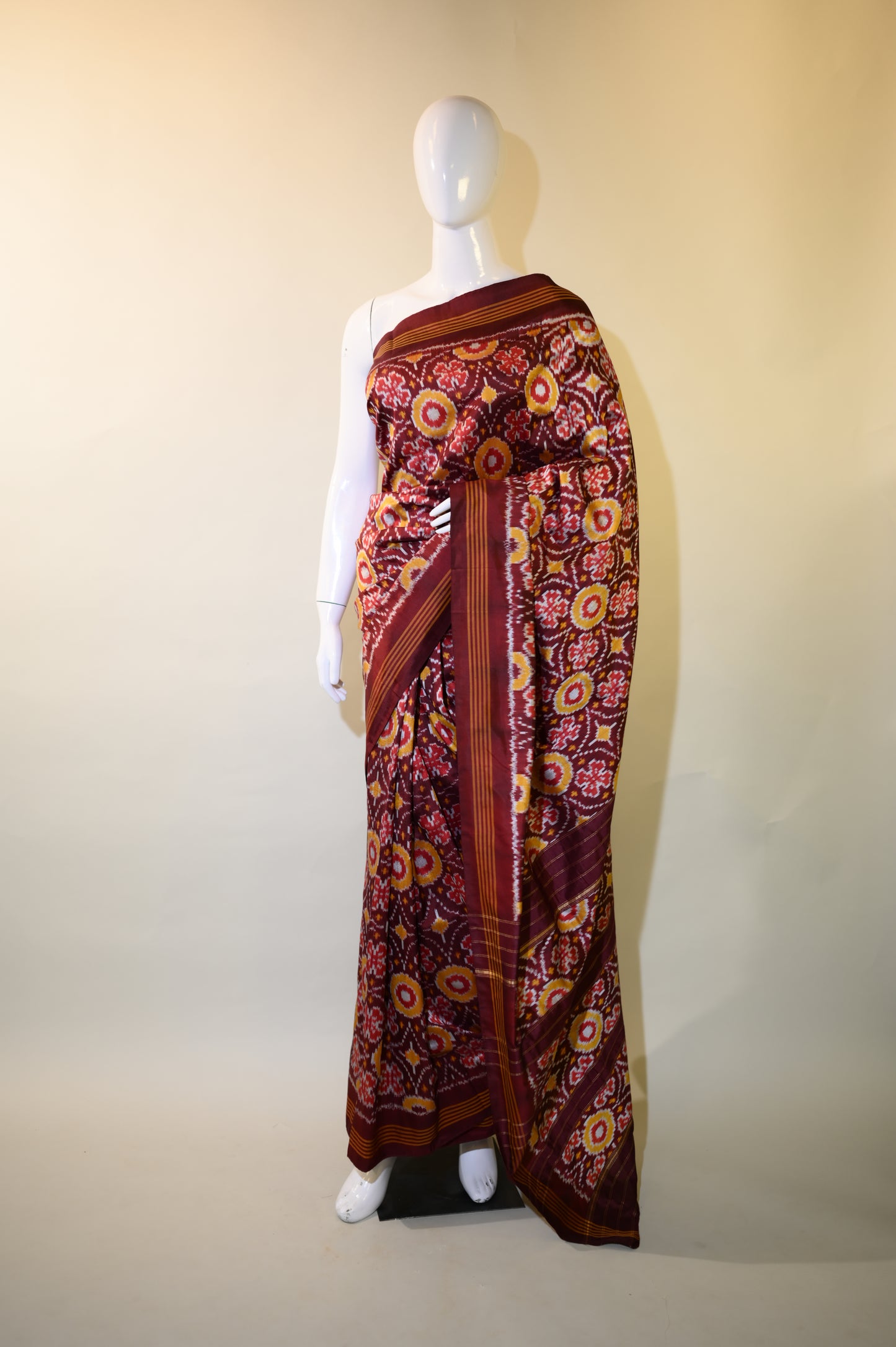 Maroon & Yellow Mulberry Silk Pochampally Ikat Saree