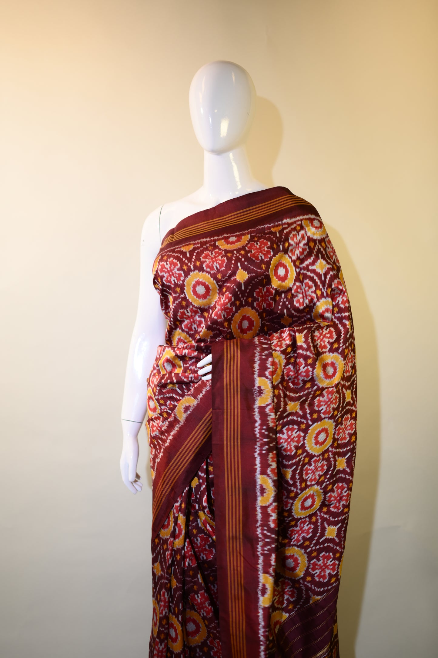 Maroon & Yellow Mulberry Silk Pochampally Ikat Saree