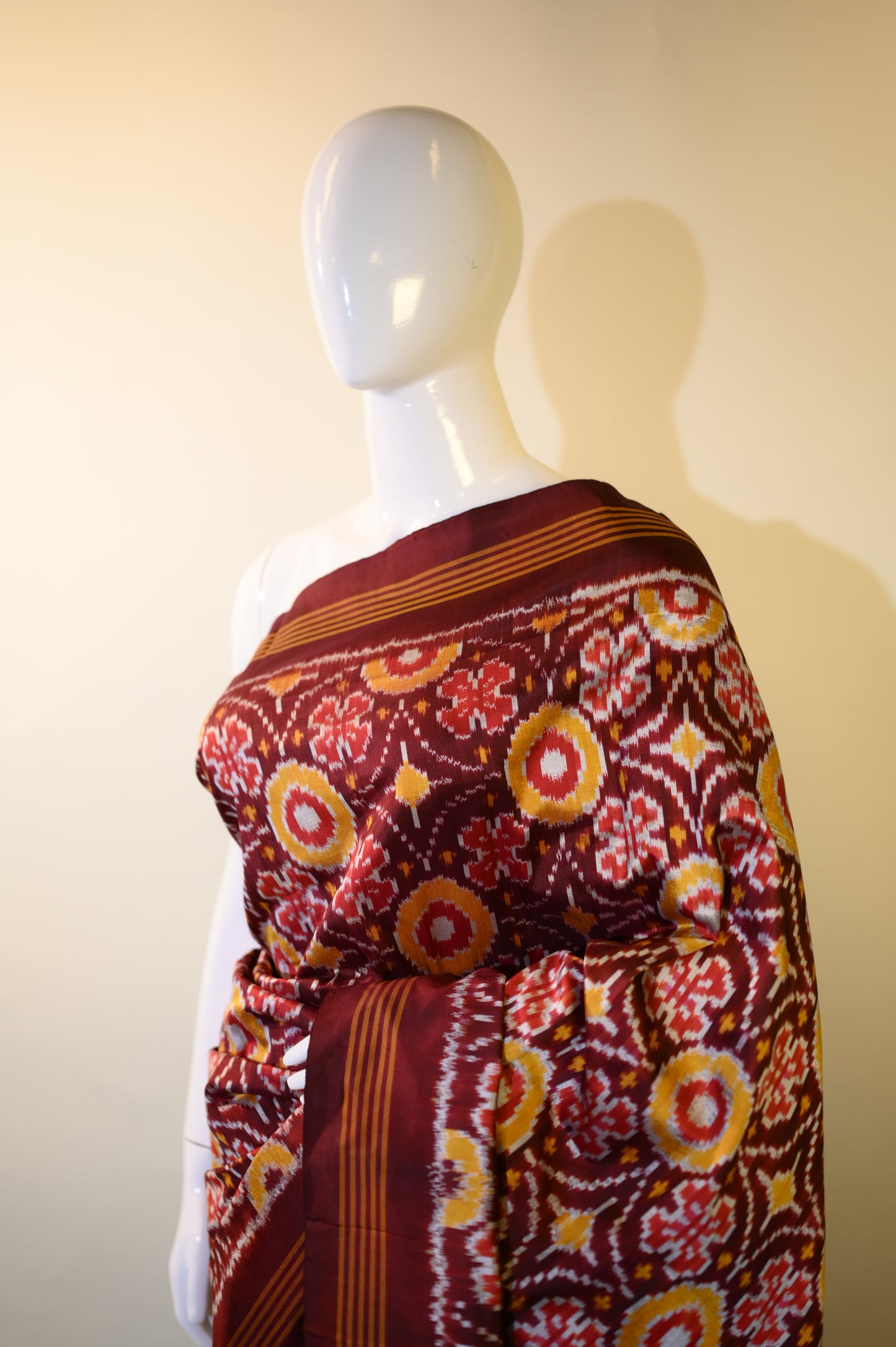 Maroon & Yellow Mulberry Silk Pochampally Ikat Saree