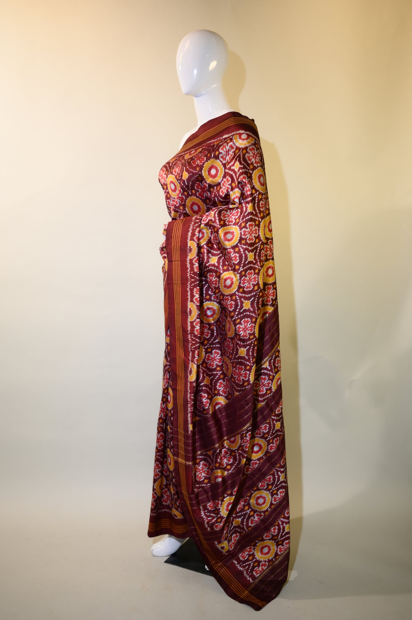 Maroon & Yellow Mulberry Silk Pochampally Ikat Saree