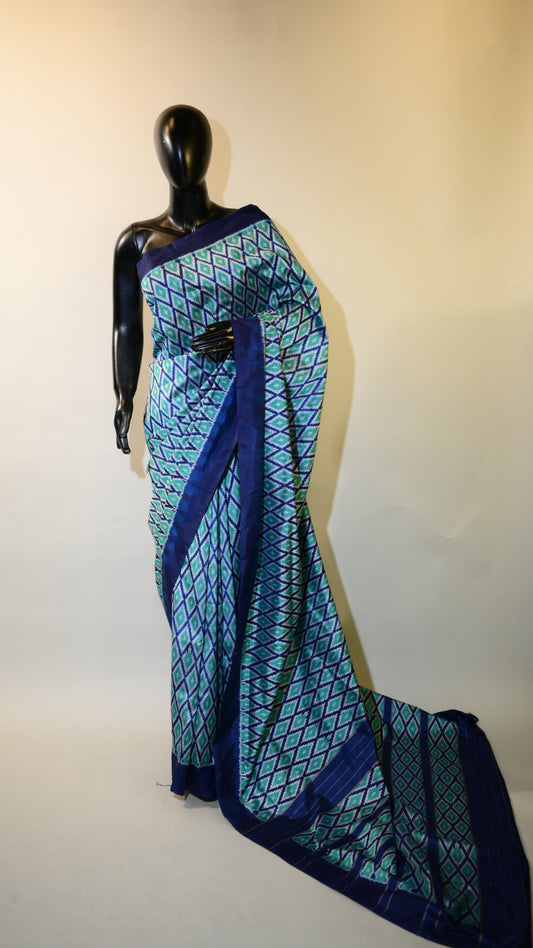 Blue & Green Mulberry Silk Odisha Diamond Style Ikat Saree