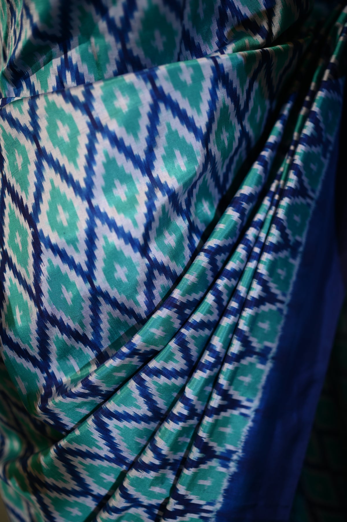 Blue & Green Mulberry Silk Odisha Diamond Style Ikat Saree