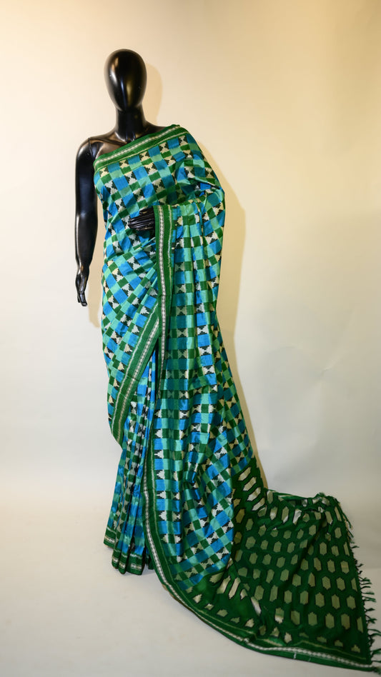 Aqua Blue & Green Mulberry Silk Pochampally Ikat Saree