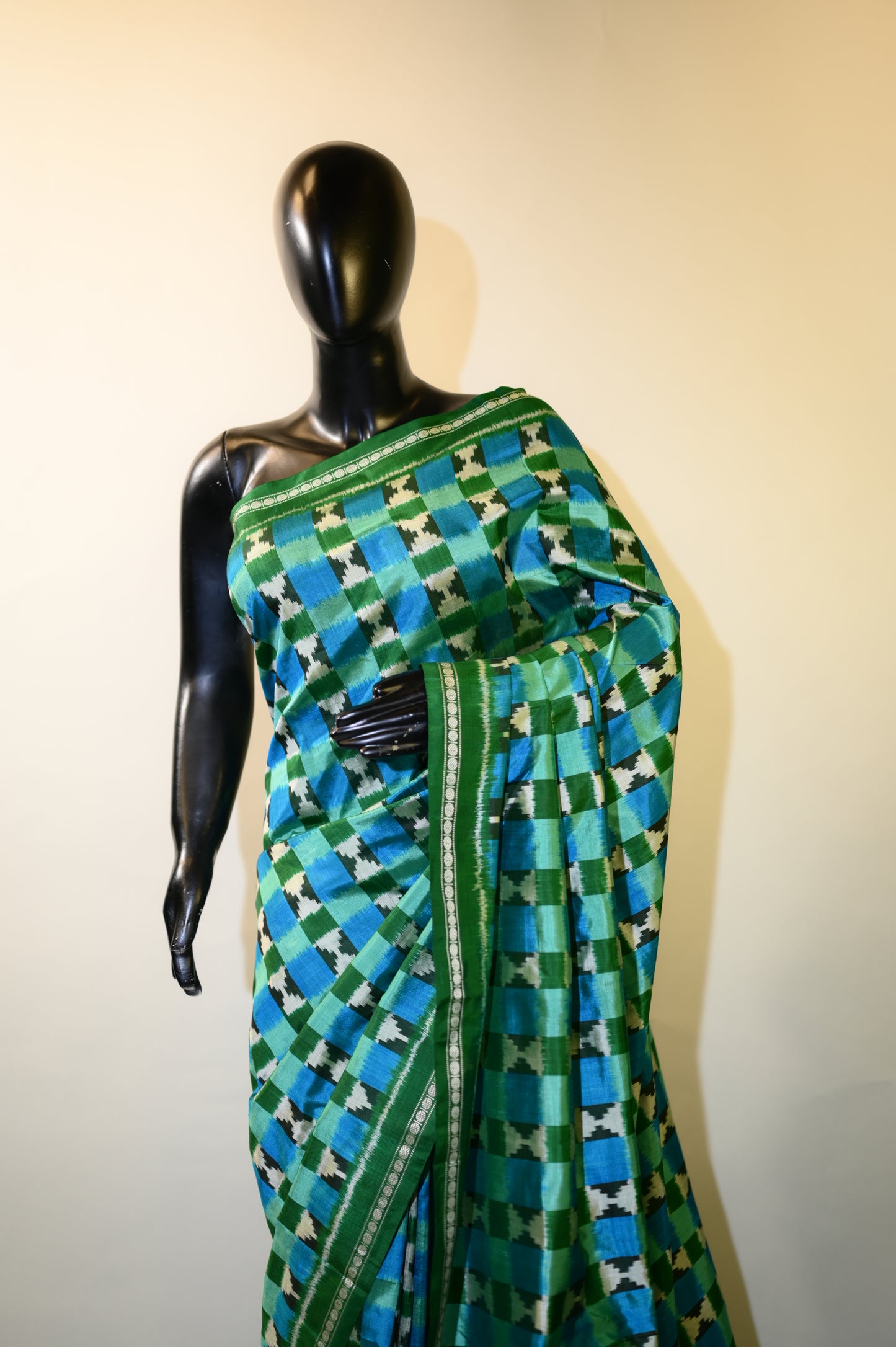 Aqua Blue & Green Mulberry Silk Pochampally Ikat Saree