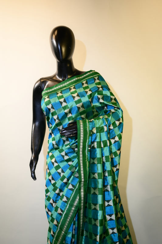 Aqua Blue & Green Mulberry Silk Pochampally Ikat Saree
