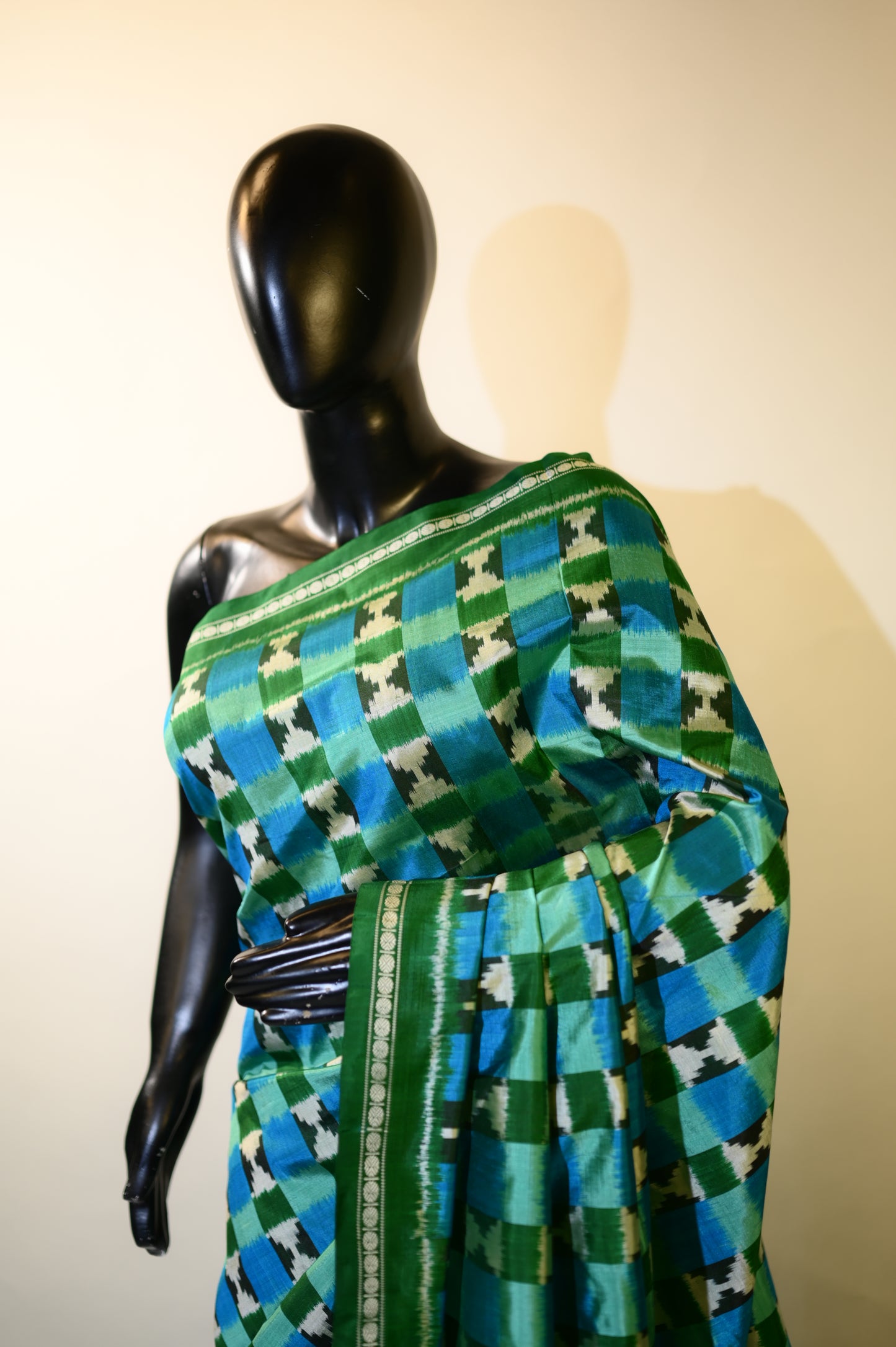 Aqua Blue & Green Mulberry Silk Pochampally Ikat Saree