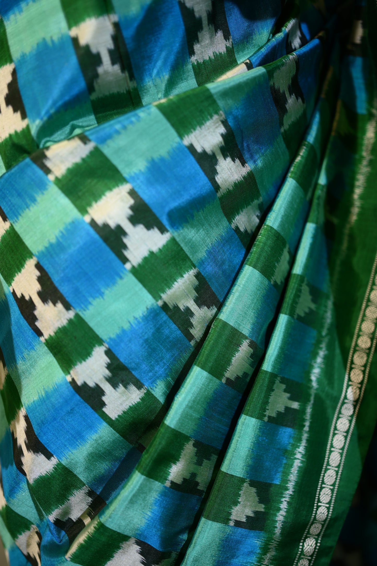 Aqua Blue & Green Mulberry Silk Pochampally Ikat Saree