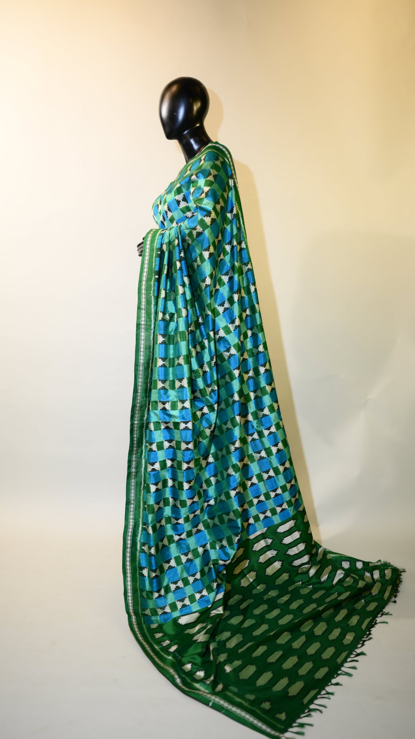 Aqua Blue & Green Mulberry Silk Pochampally Ikat Saree