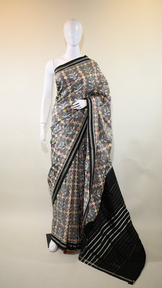 Grey  Mulberry Silk Pochampally Ikat Saree