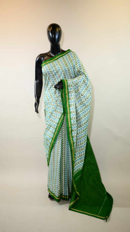 Sea Blue & Green Mulberry Silk Pochampally Ikat Saree