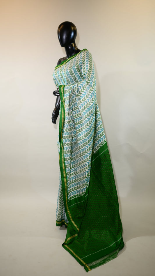 Sea Blue & Green Mulberry Silk Pochampally Ikat Saree