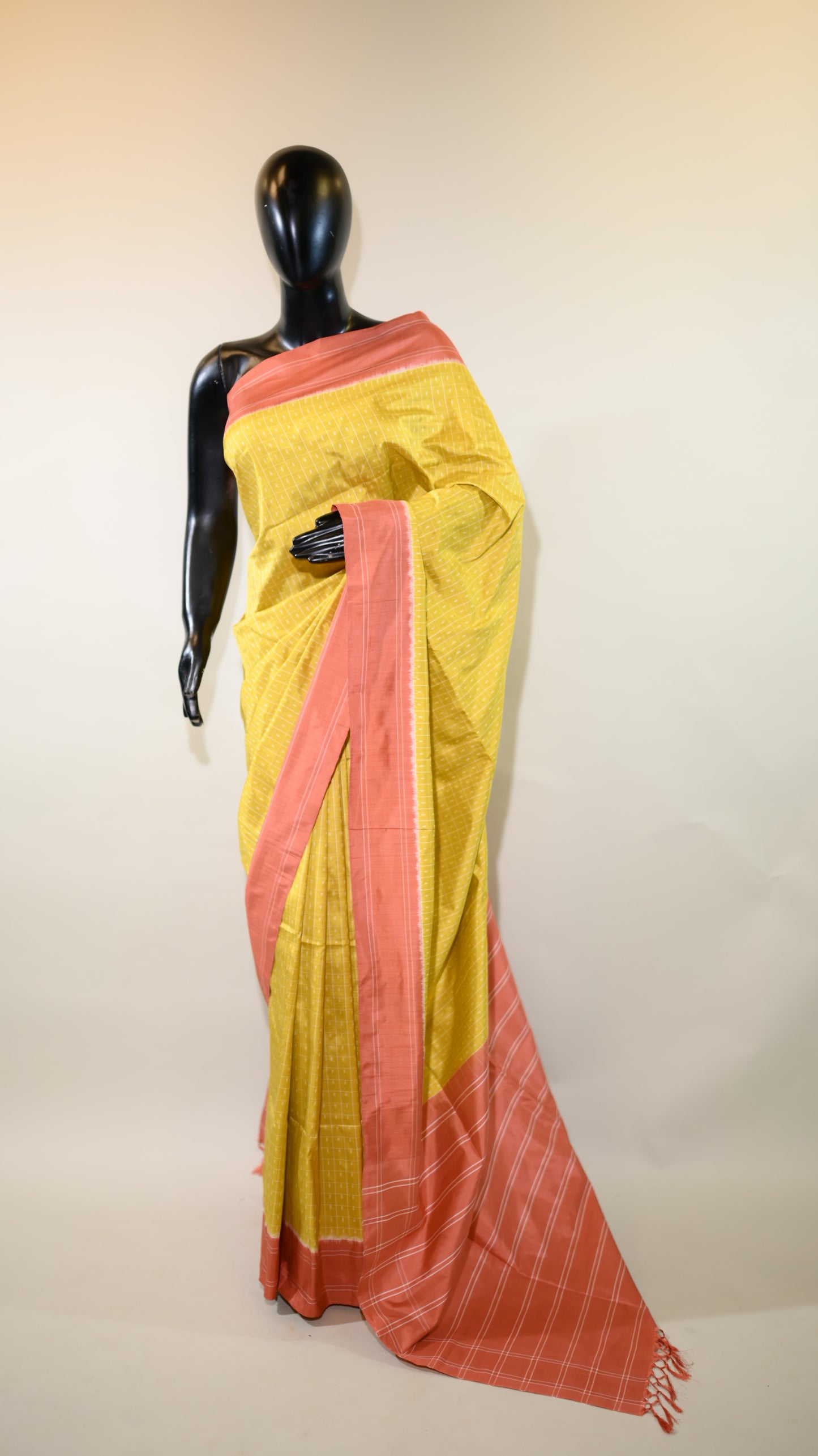 Yellow & Peachy Orange Mulberry Silk Pochampally Ikat Saree