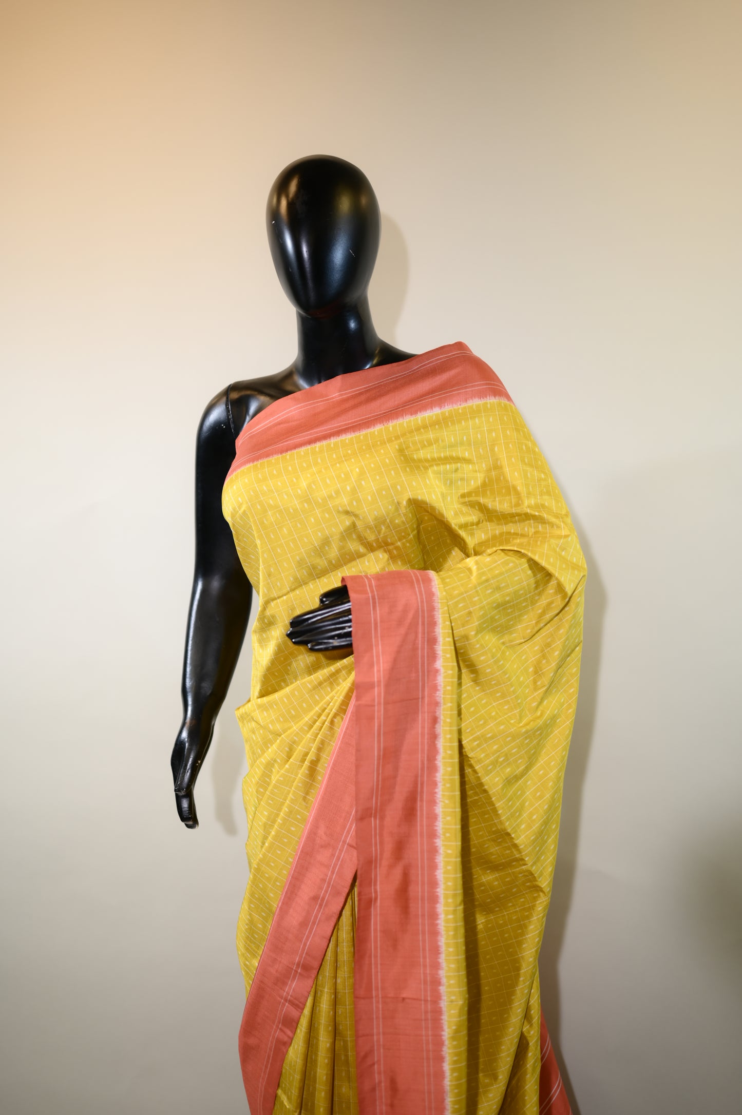 Yellow & Peachy Orange Mulberry Silk Pochampally Ikat Saree