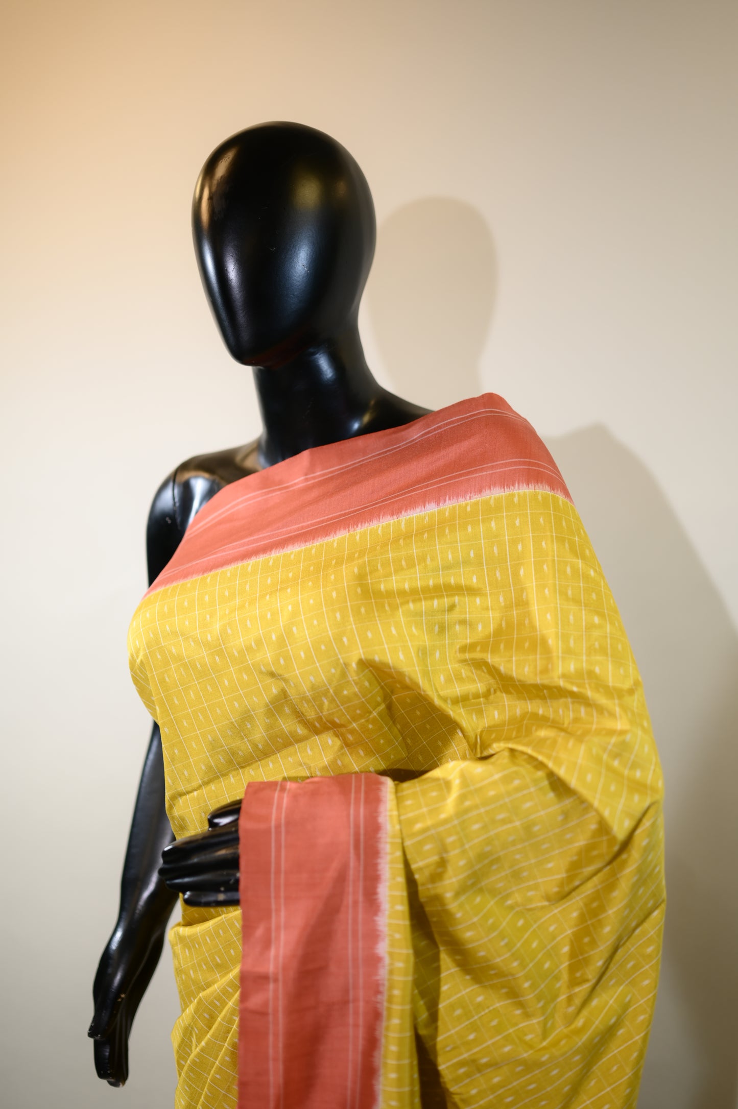 Yellow & Peachy Orange Mulberry Silk Pochampally Ikat Saree