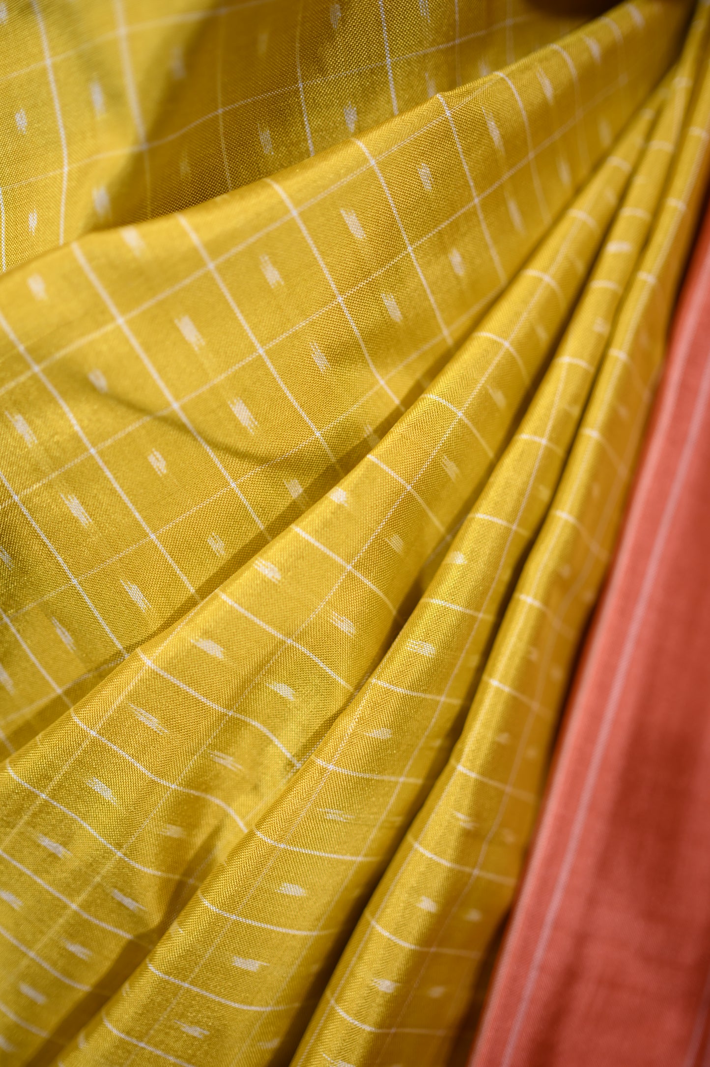 Yellow & Peachy Orange Mulberry Silk Pochampally Ikat Saree