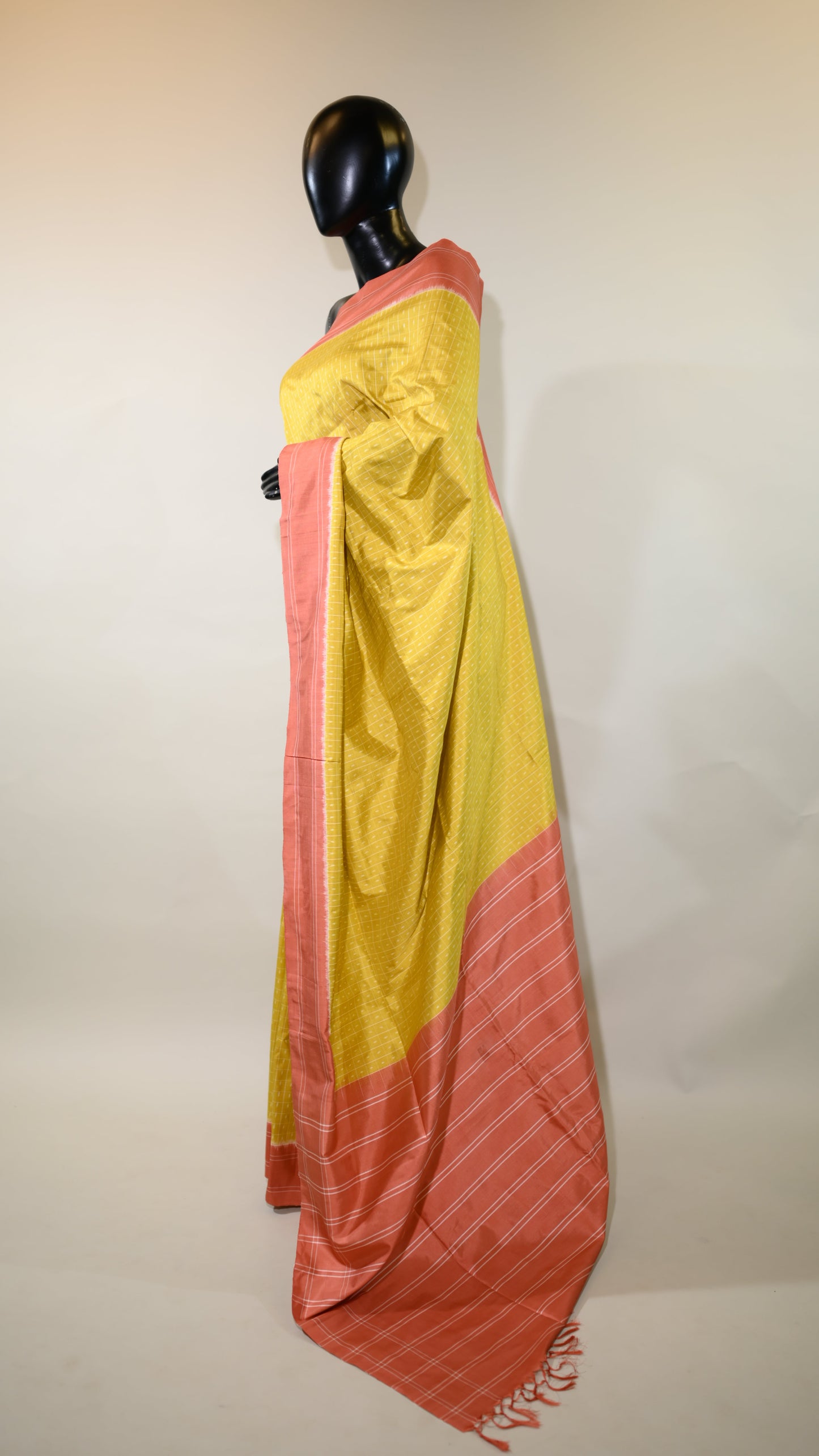 Yellow & Peachy Orange Mulberry Silk Pochampally Ikat Saree