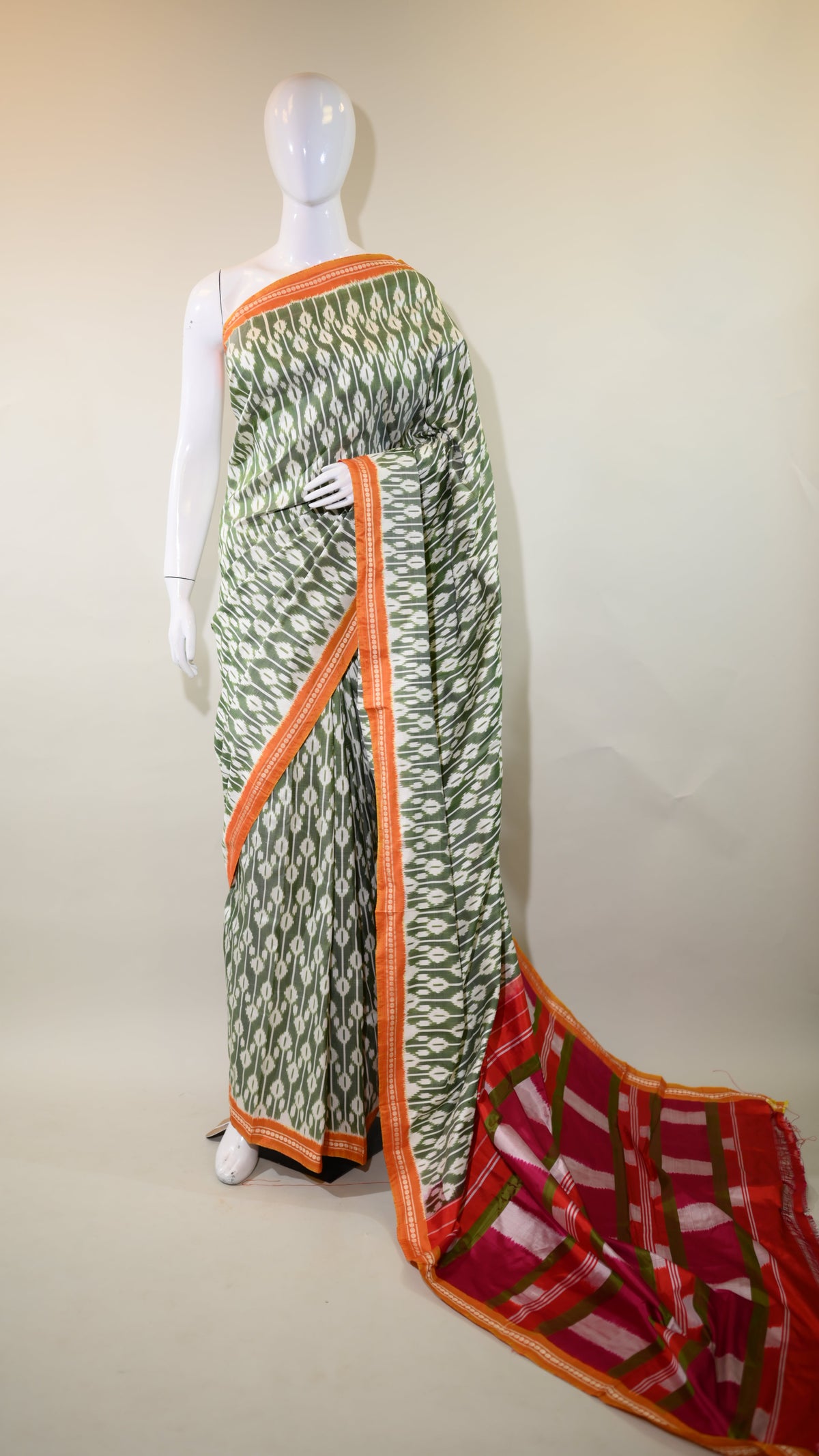 Sage Green & Dark Pink Mulberry Silk Pochampally Ikat Saree