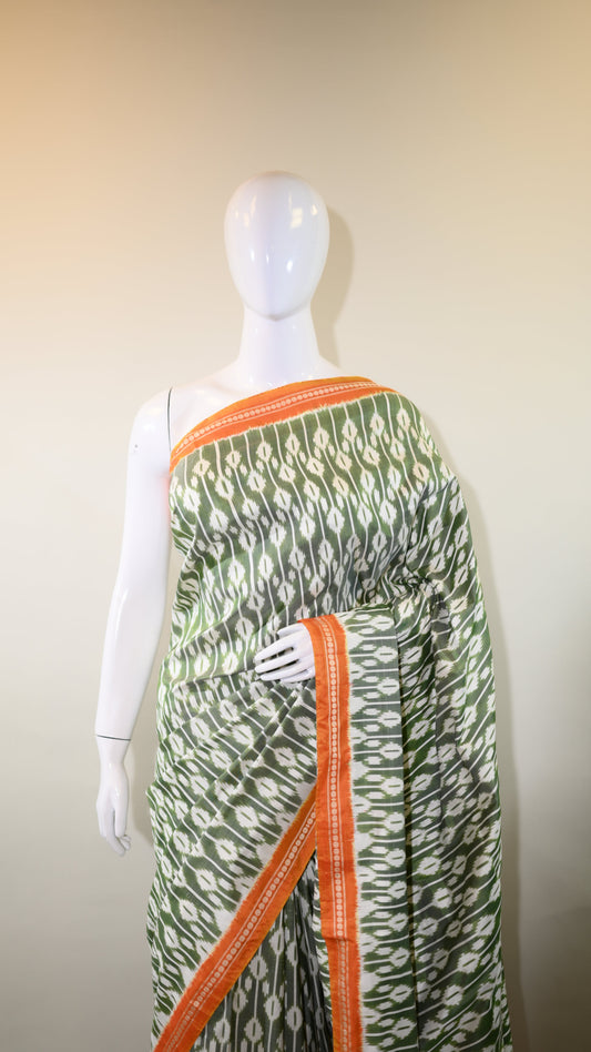 Sage Green & Dark Pink Mulberry Silk Pochampally Ikat Saree