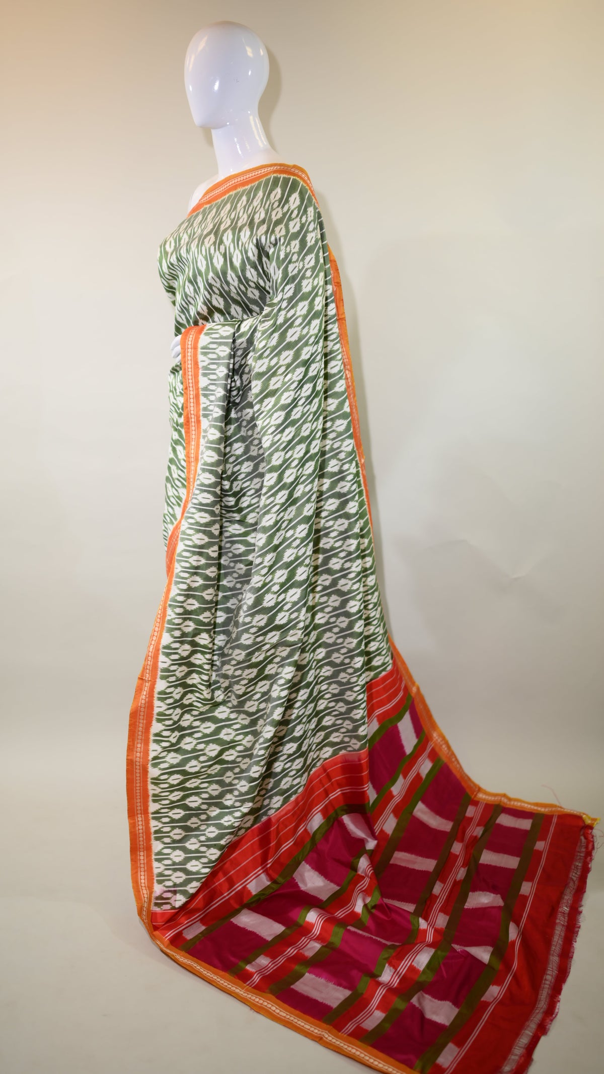 Sage Green & Dark Pink Mulberry Silk Pochampally Ikat Saree