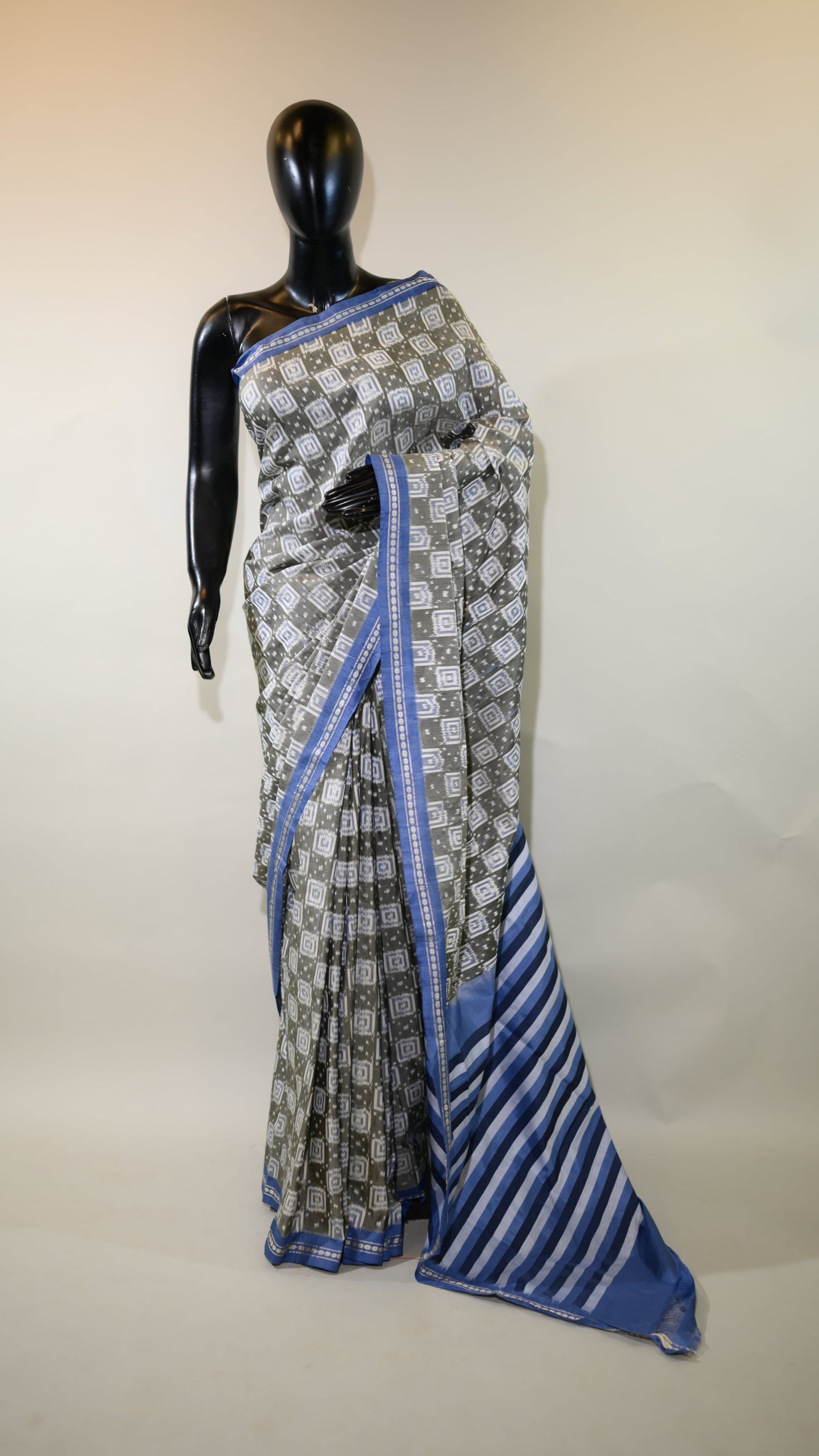 Dark Grey & Blue Mulberry Silk Pochampally Ikat Saree