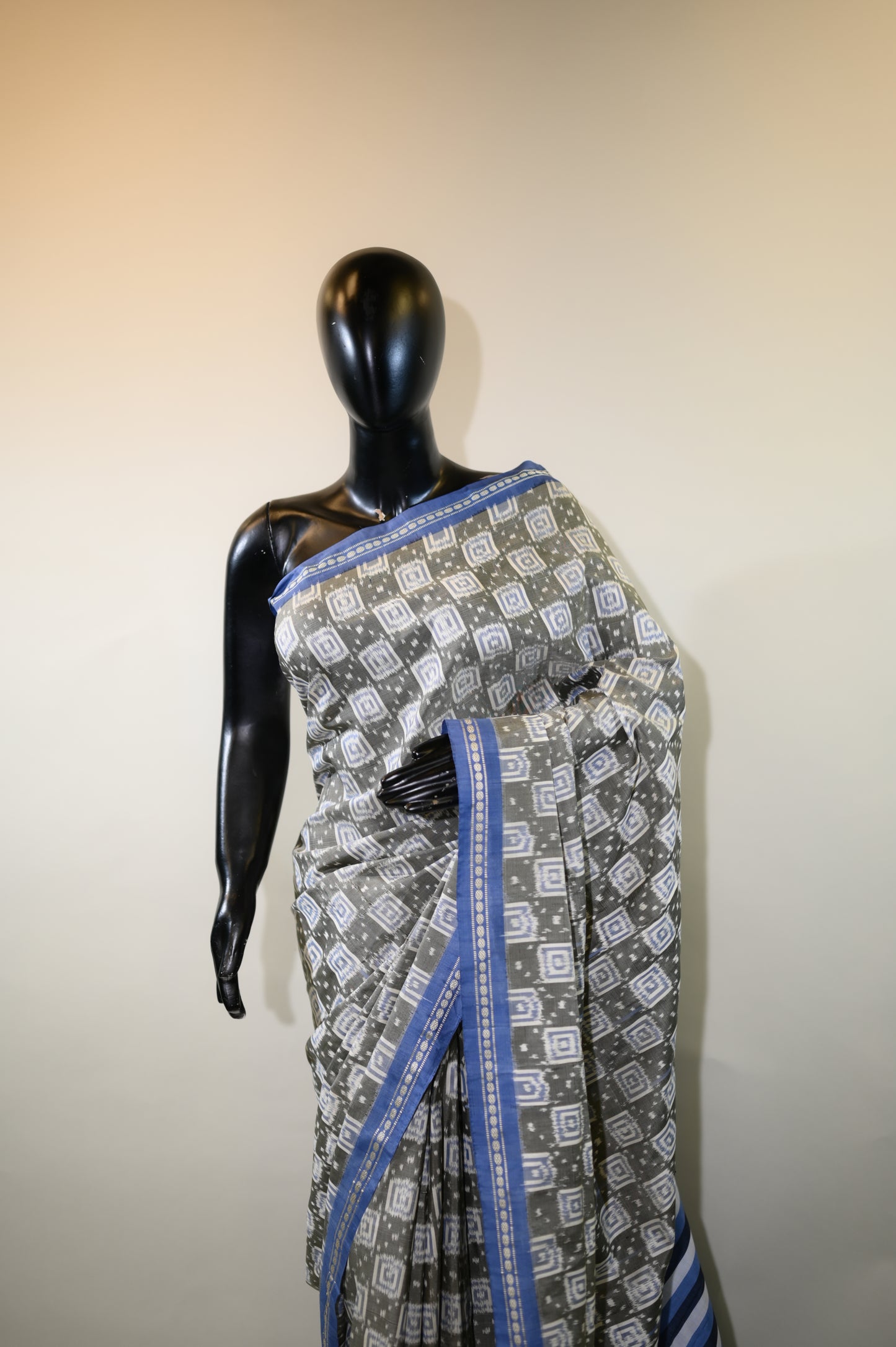 Dark Grey & Blue Mulberry Silk Pochampally Ikat Saree