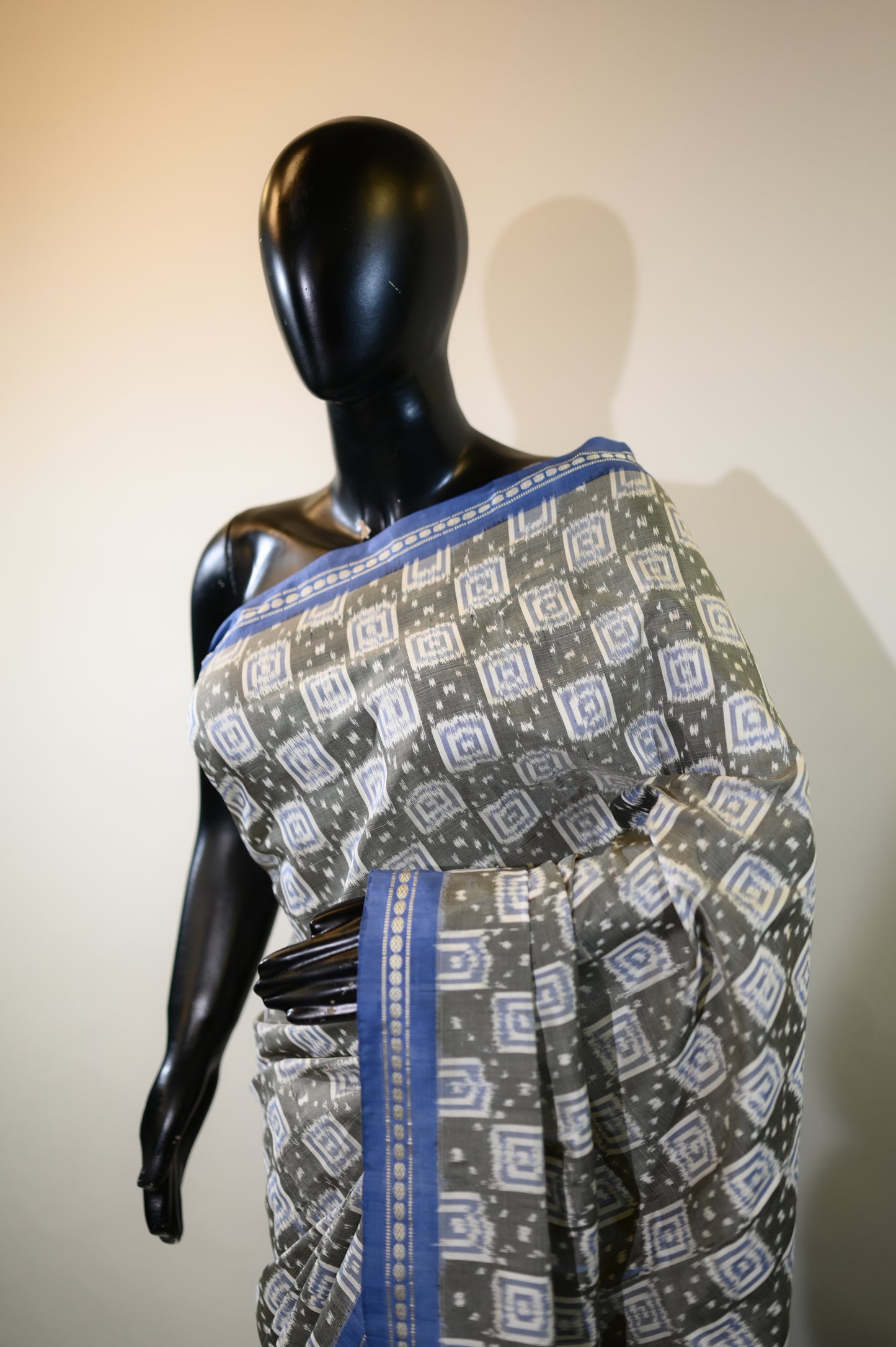 Dark Grey & Blue Mulberry Silk Pochampally Ikat Saree