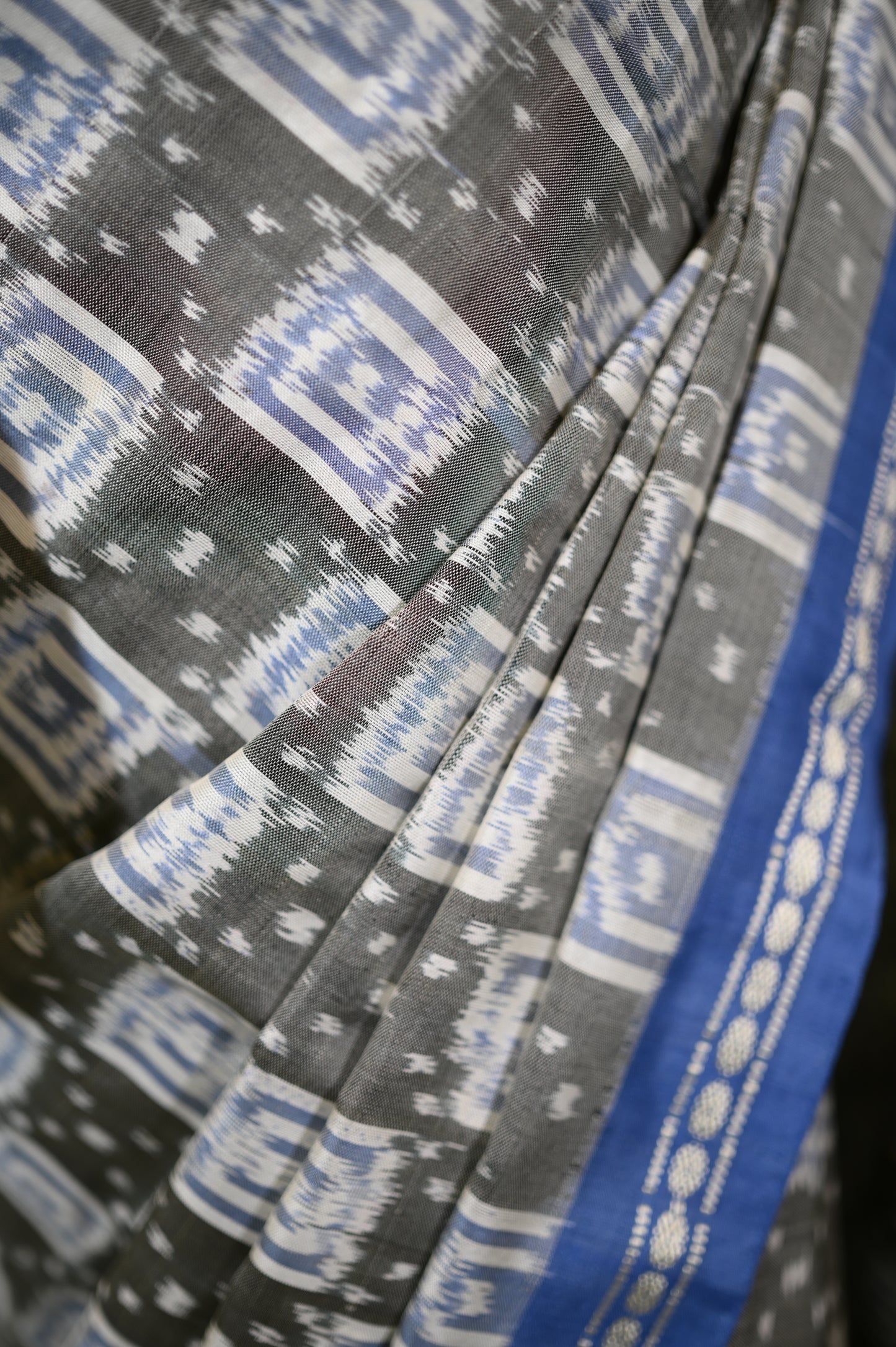 Dark Grey & Blue Mulberry Silk Pochampally Ikat Saree