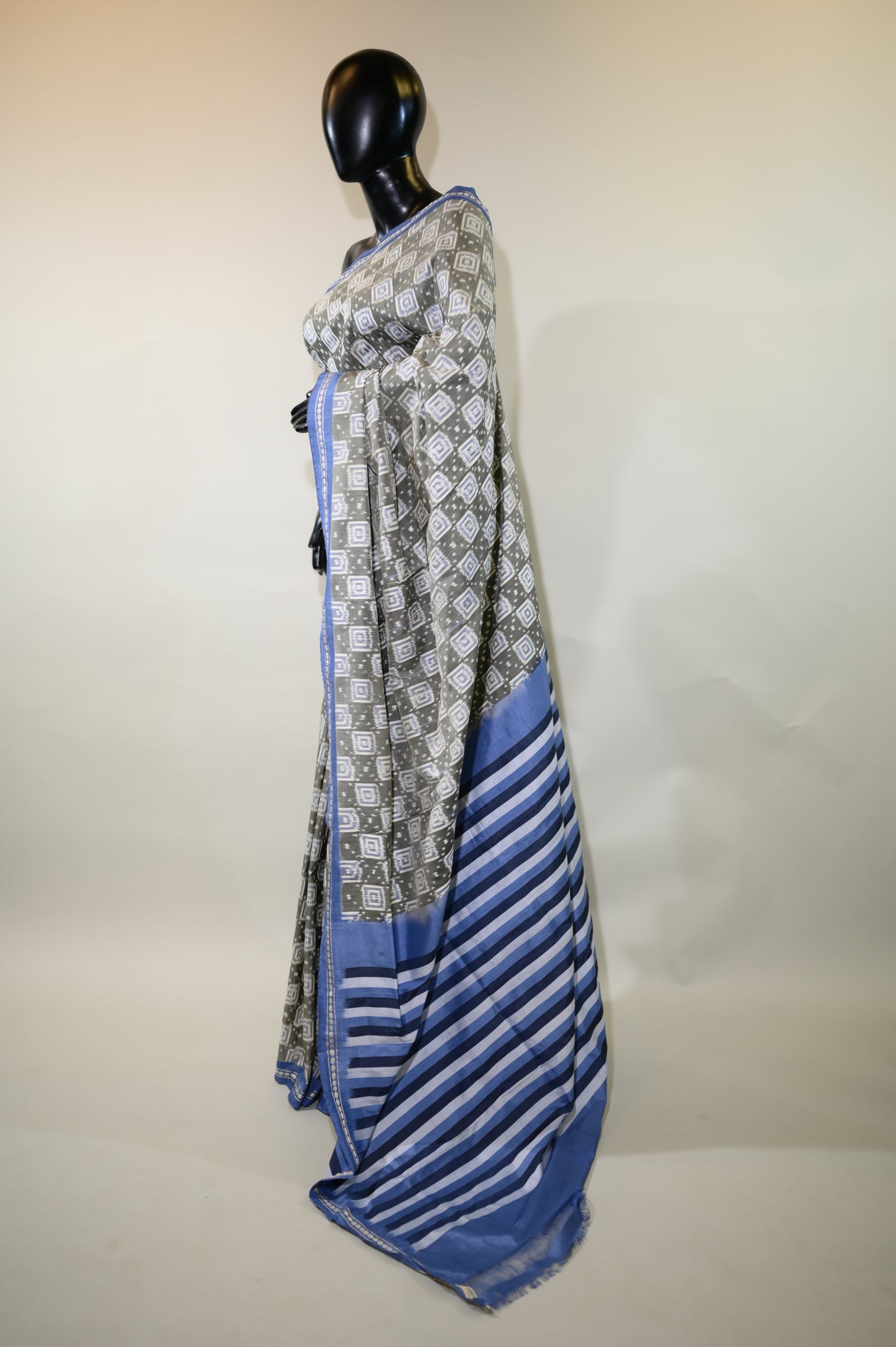 Dark Grey & Blue Mulberry Silk Pochampally Ikat Saree