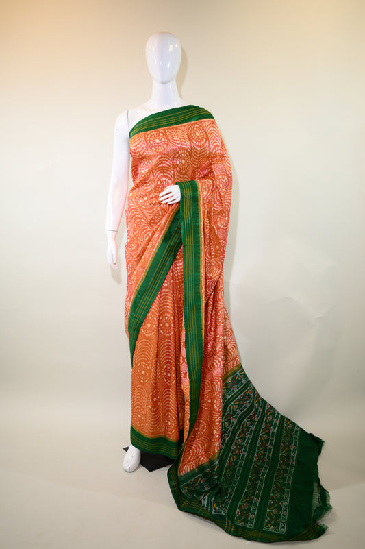 Rust Orange & Green Mulberry Silk Pochampally Ikat Saree