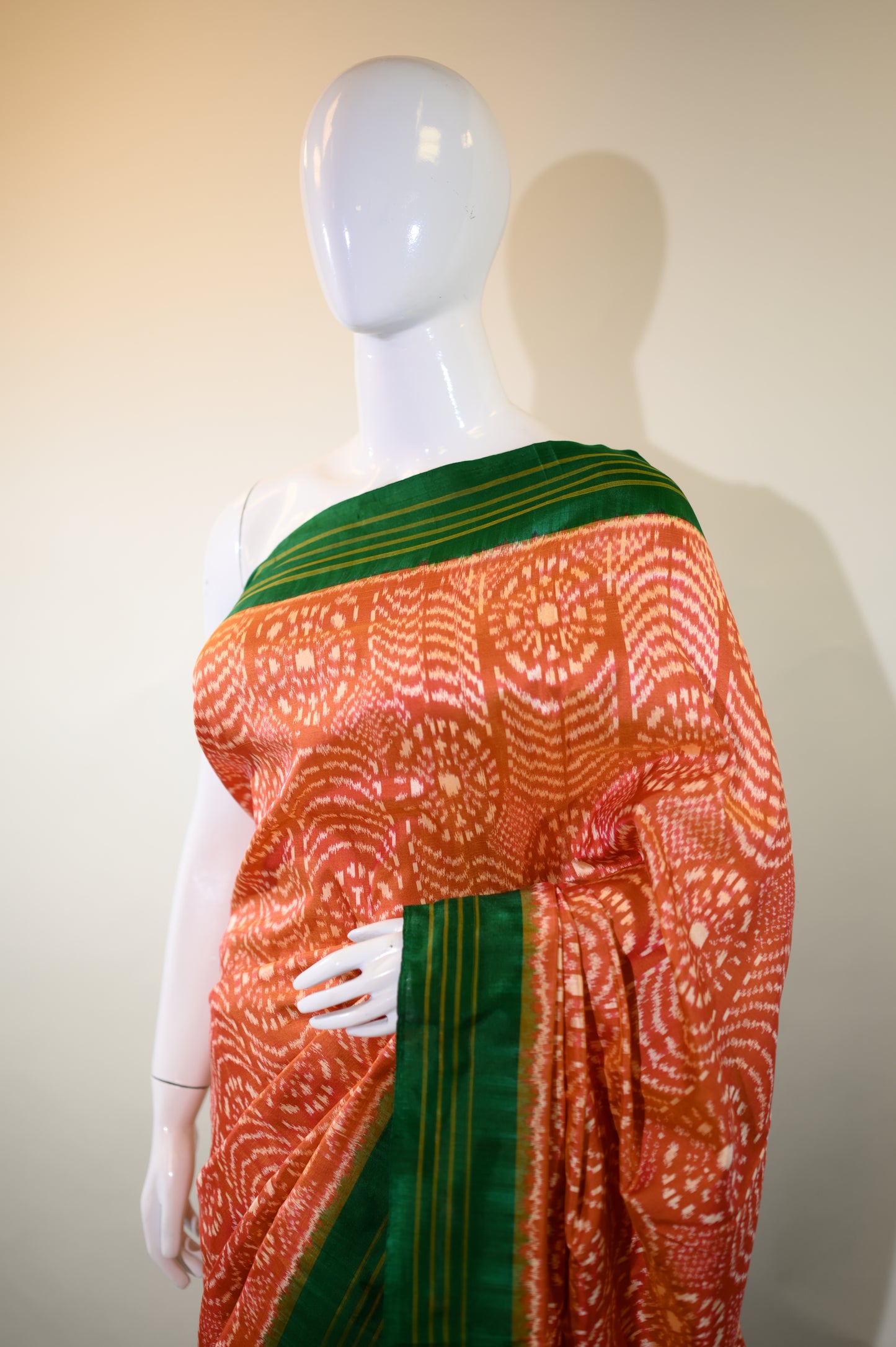 Rust Orange & Green Mulberry Silk Pochampally Ikat Saree
