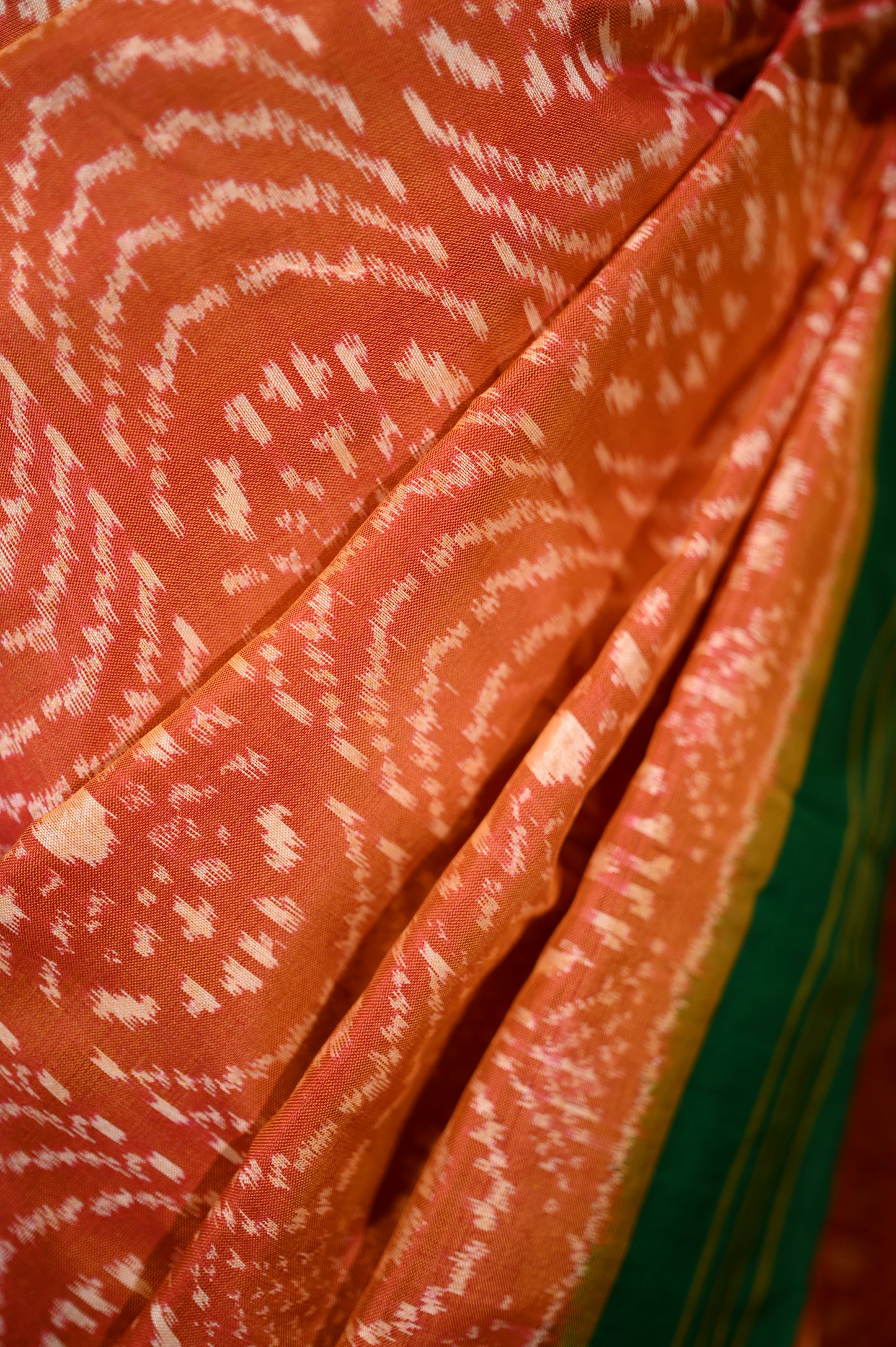 Rust Orange & Green Mulberry Silk Pochampally Ikat Saree