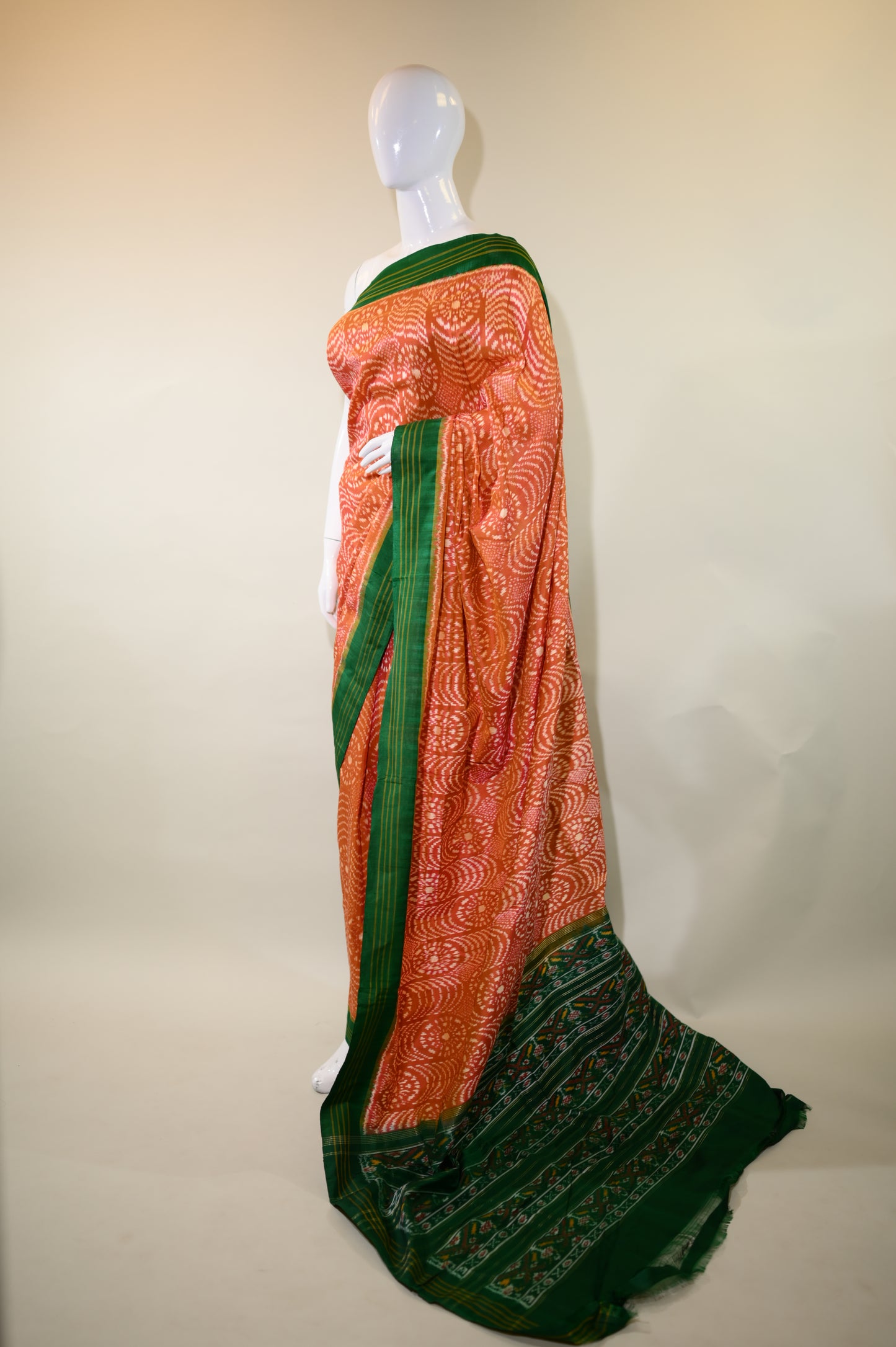 Rust Orange & Green Mulberry Silk Pochampally Ikat Saree