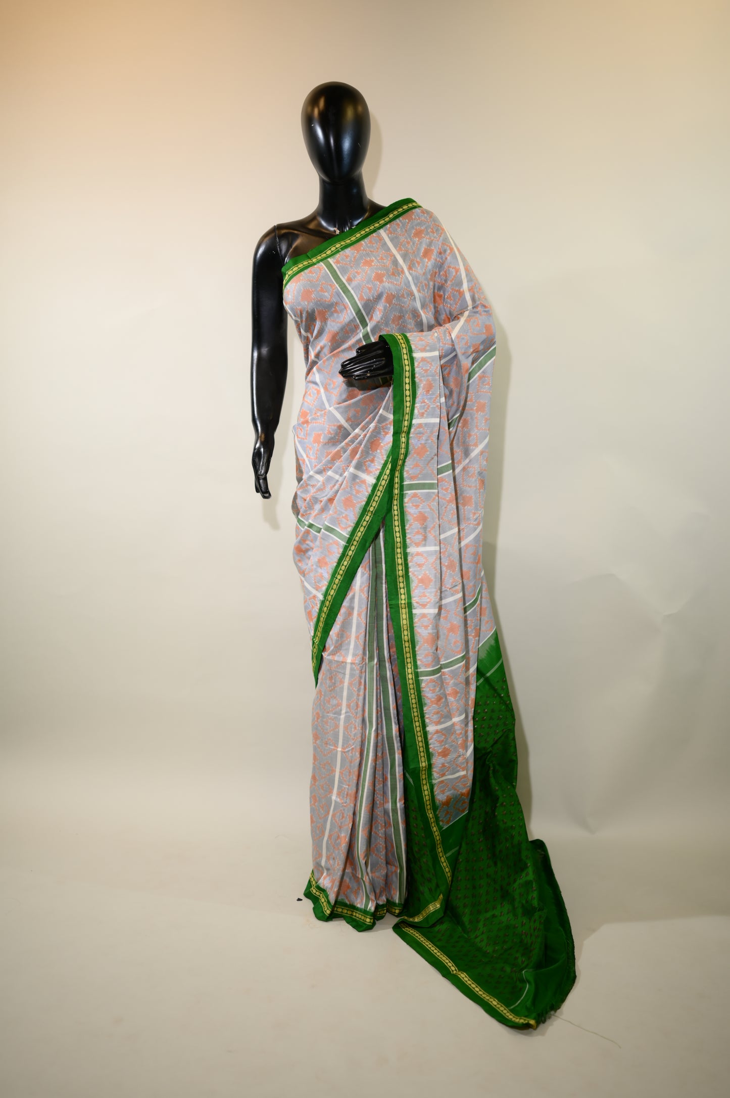 Grey & Green Mulberry Silk Pochampally Ikat Saree