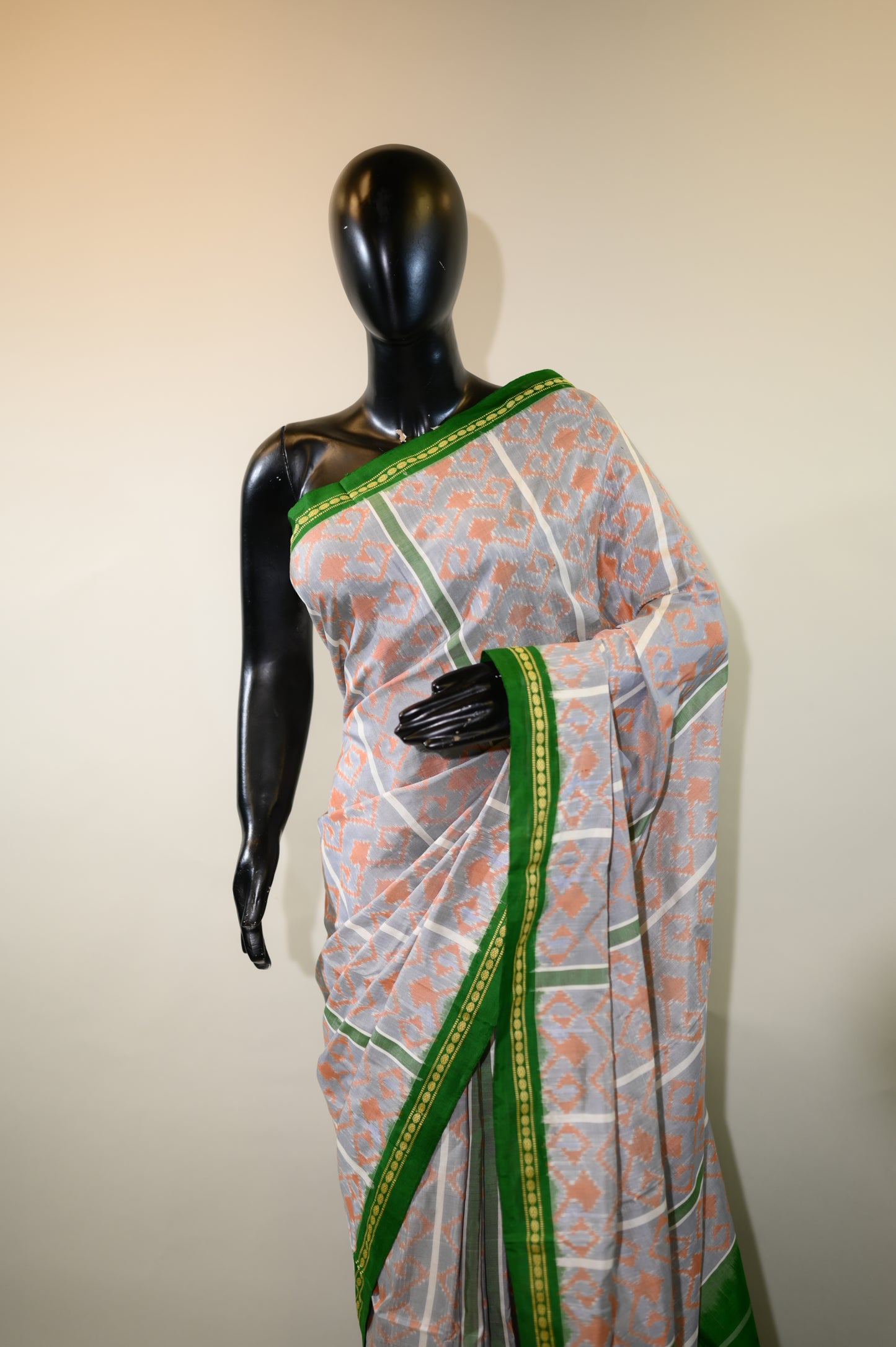 Grey & Green Mulberry Silk Pochampally Ikat Saree