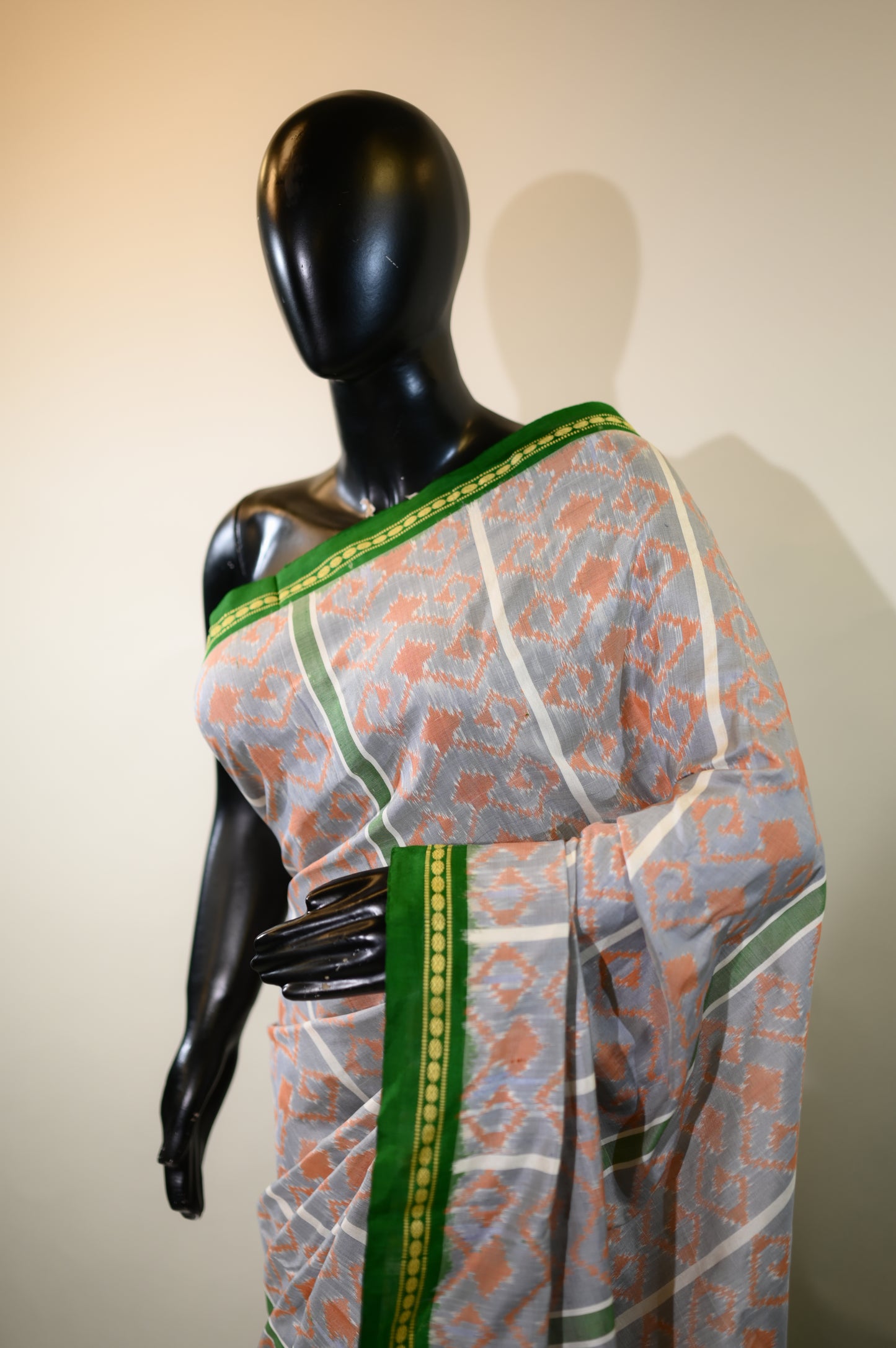 Grey & Green Mulberry Silk Pochampally Ikat Saree