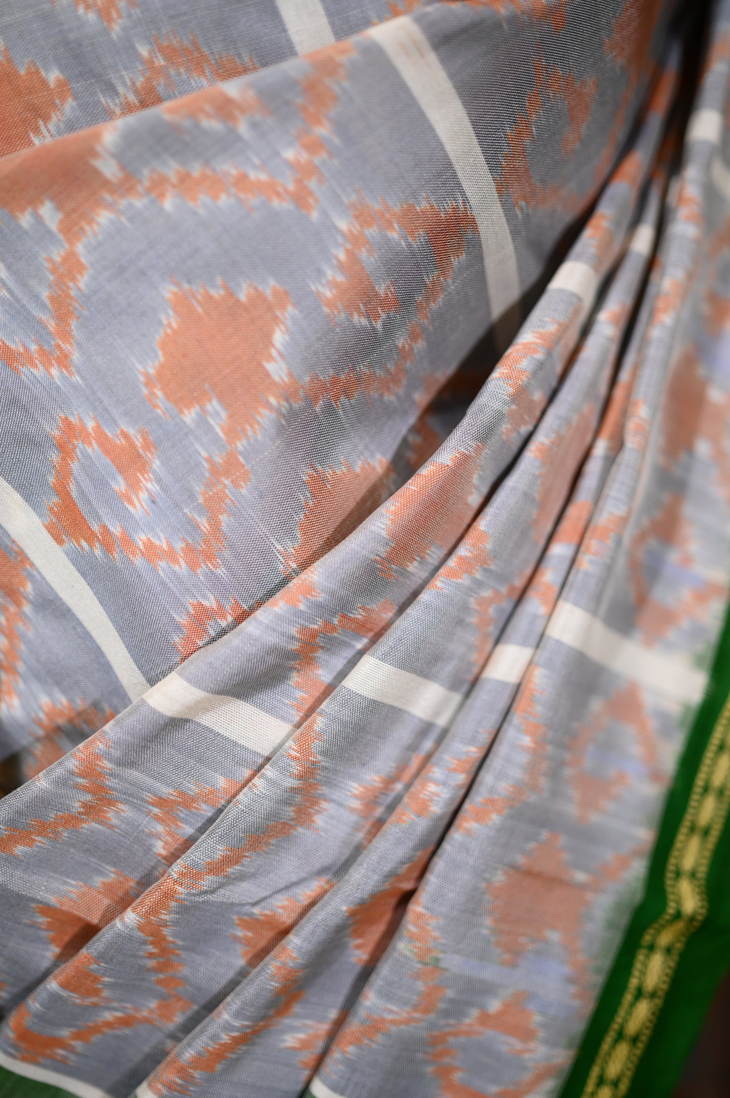 Grey & Green Mulberry Silk Pochampally Ikat Saree